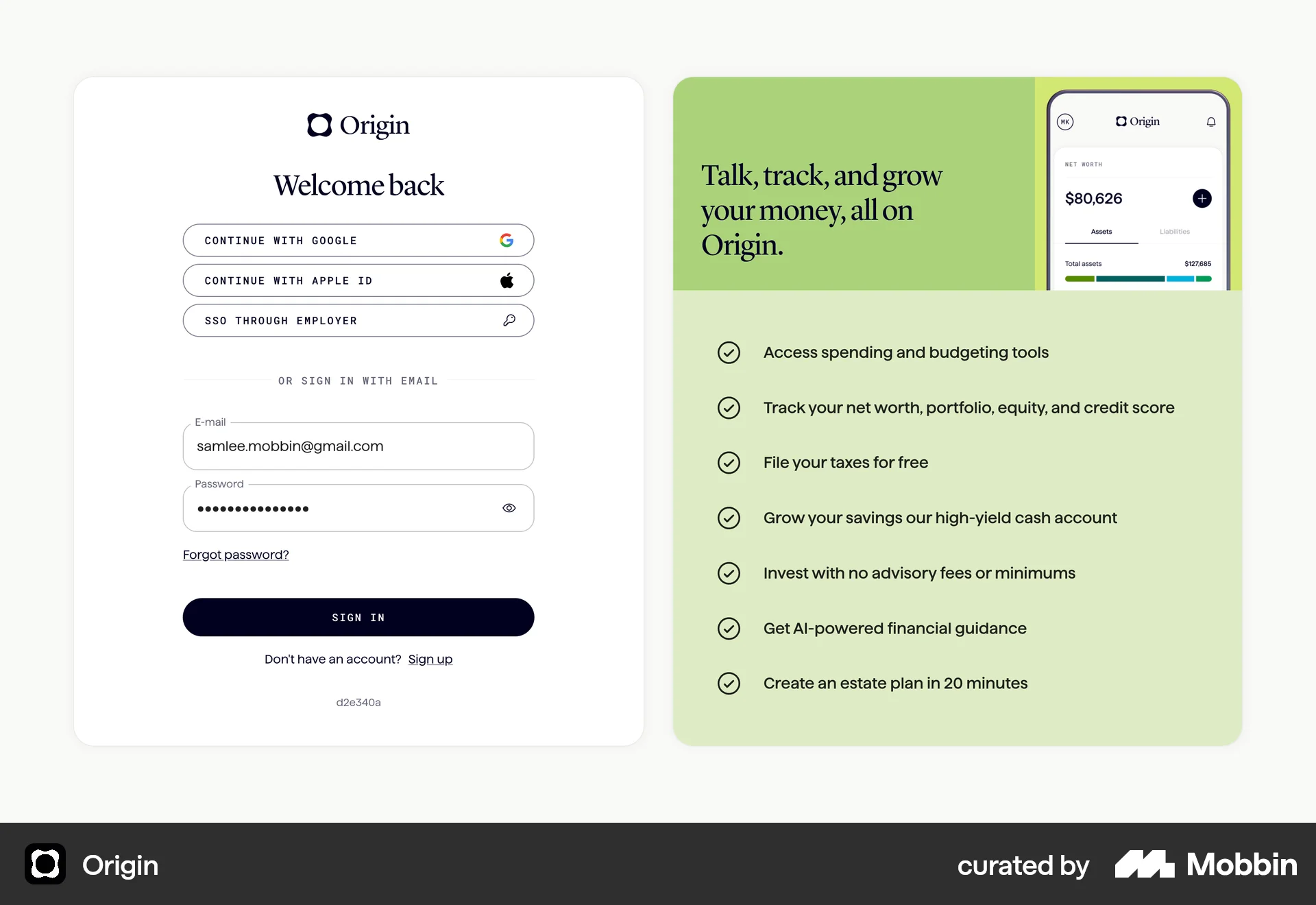 Origin Web Login screen