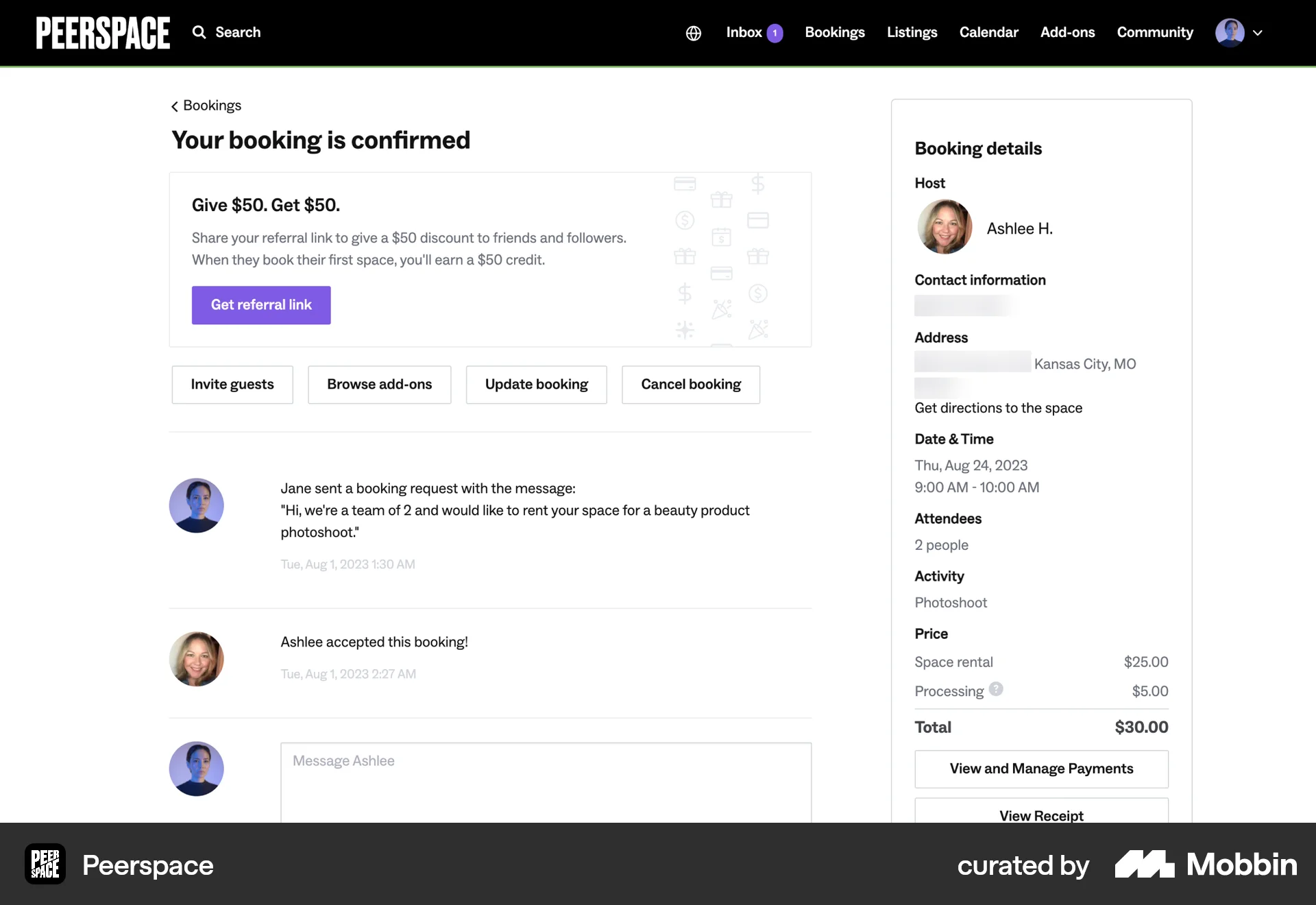 Peerspace Web Order Detail screen