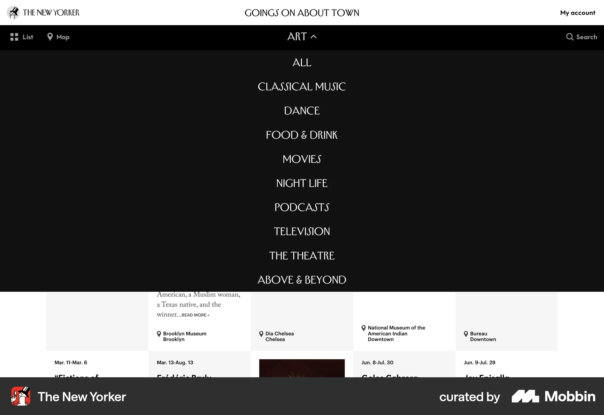 The New Yorker Web screen containing Navigation Menu UI element