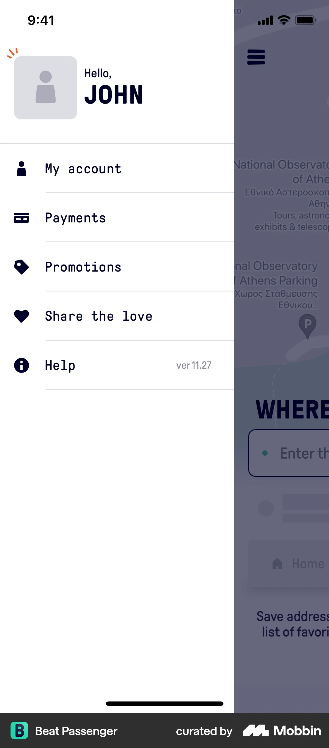 Beat Passenger iOS screen containing Side Navigation UI element