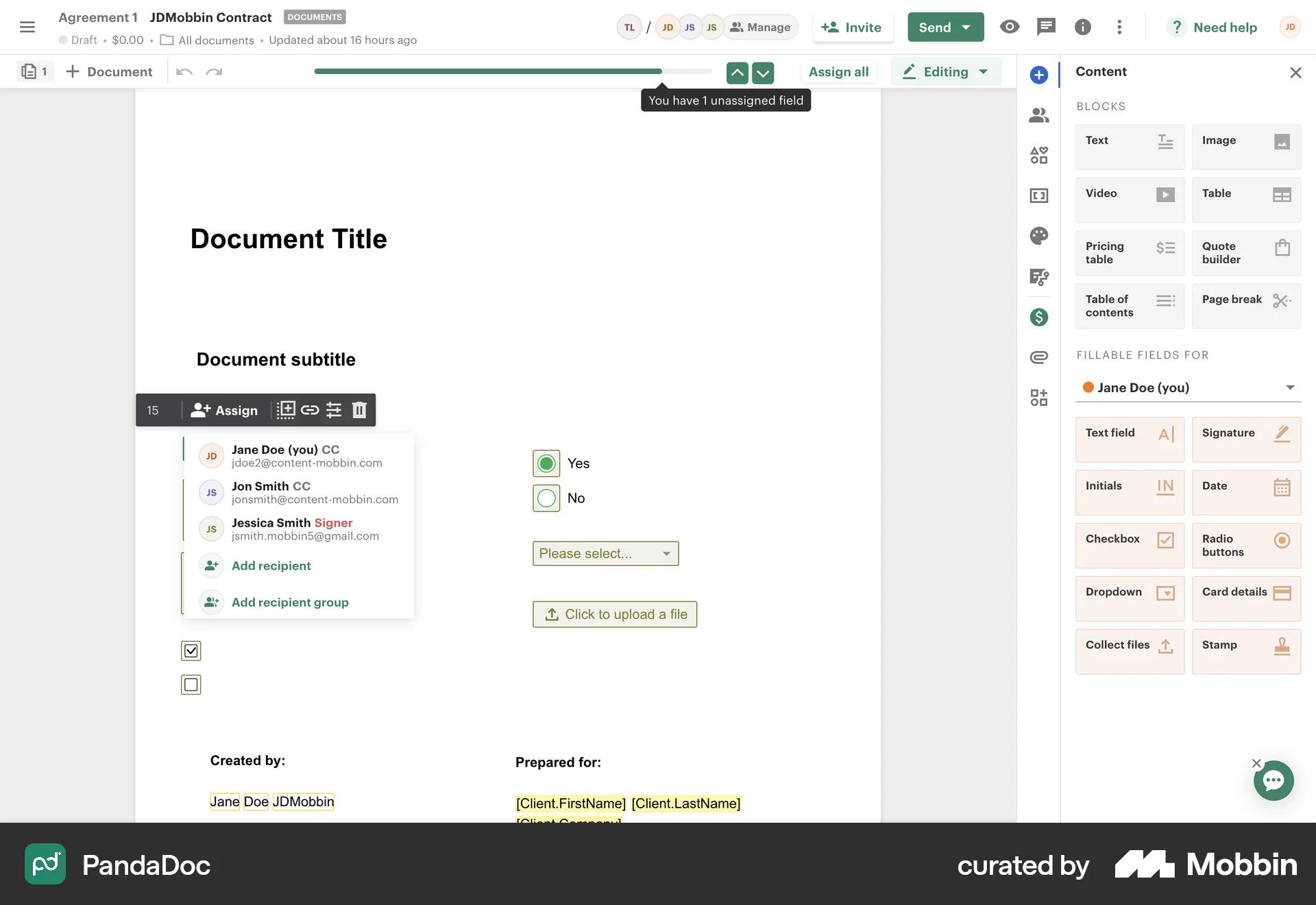 PandaDoc Web screen containing Tooltip UI element