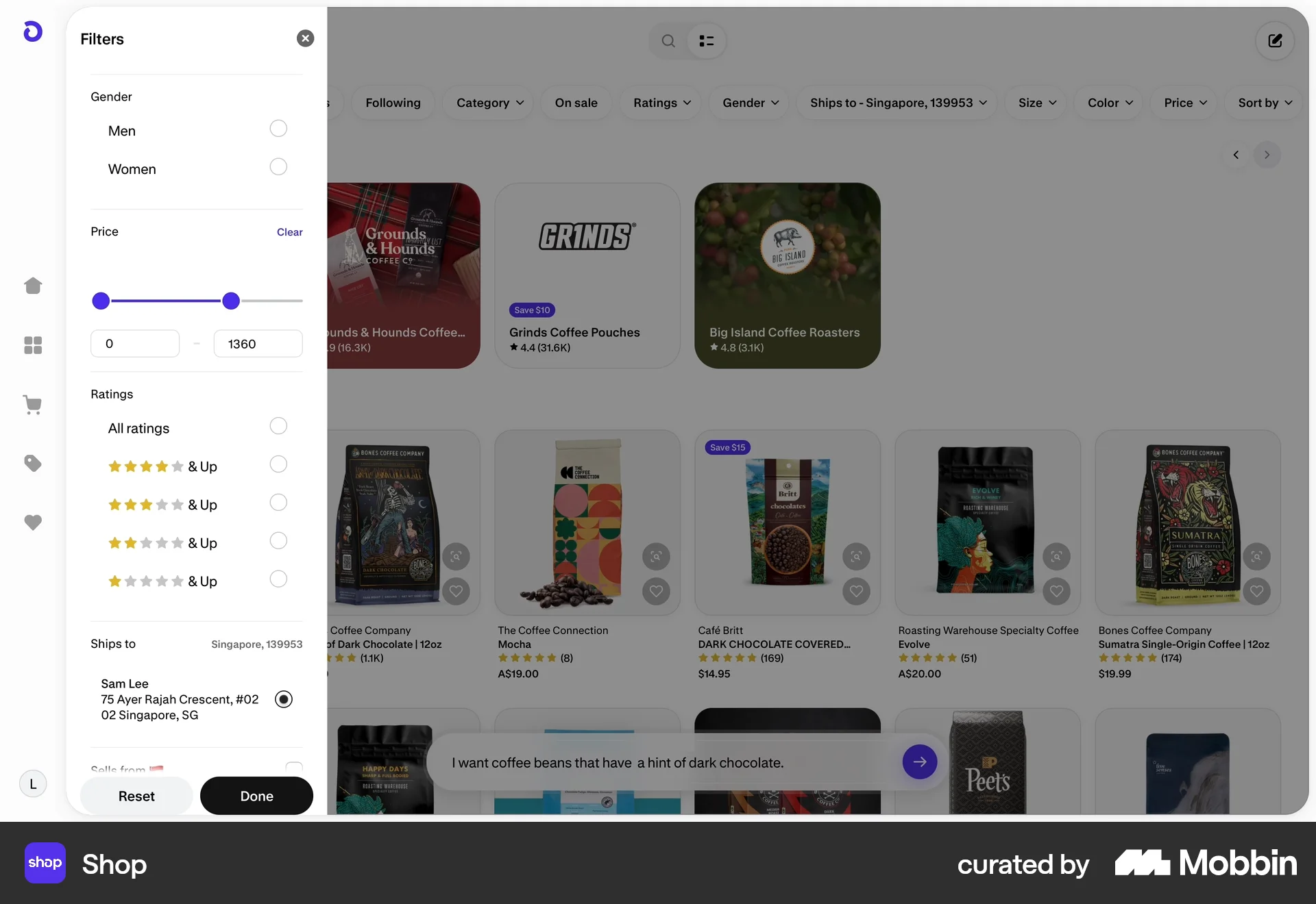 Shop Web screen containing Filter Panel UI UI element