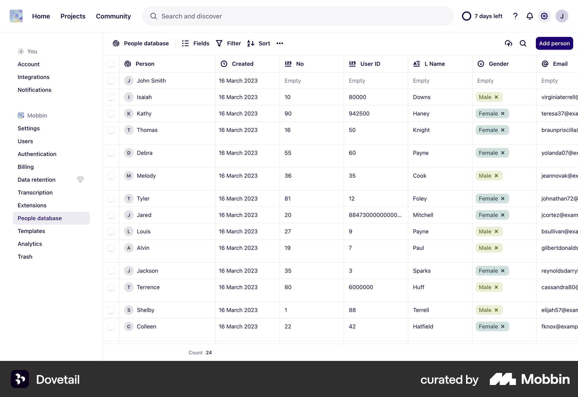 Dovetail Web CRM App screen