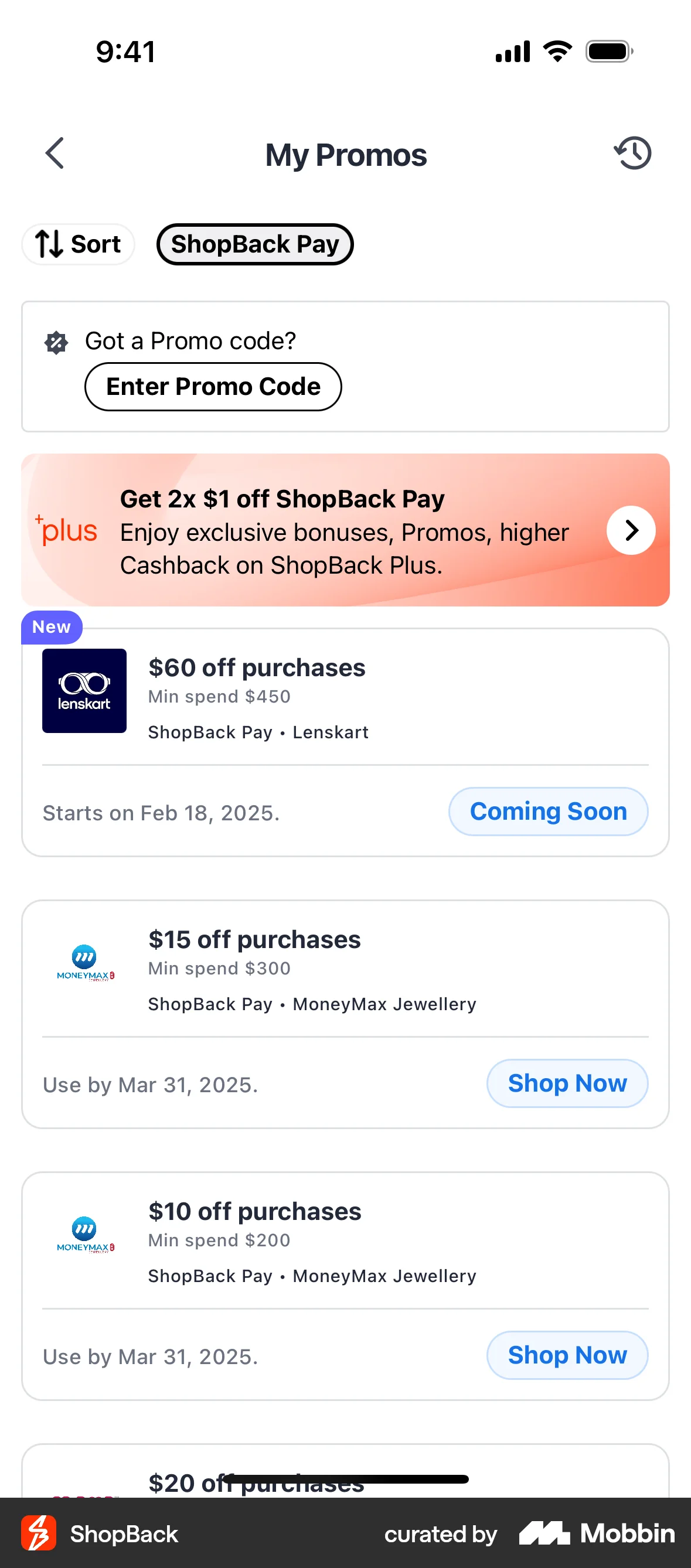 ShopBack iOS Promotions & Rewards screen
