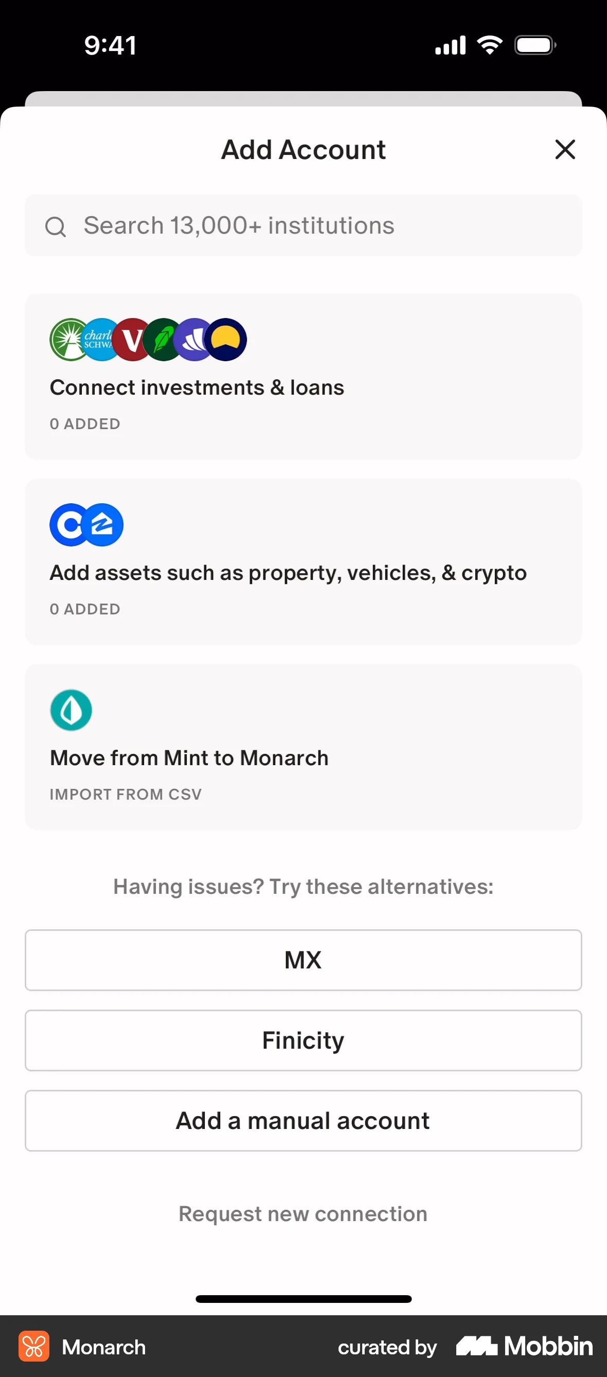 Monarch iOS screen containing Search Bar UI element