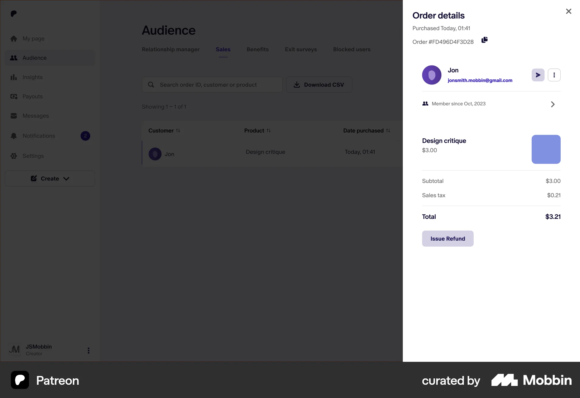Patreon Web Order Detail screen