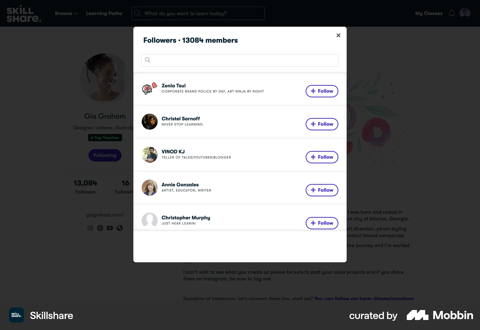 Skillshare Web Followers & Following screen