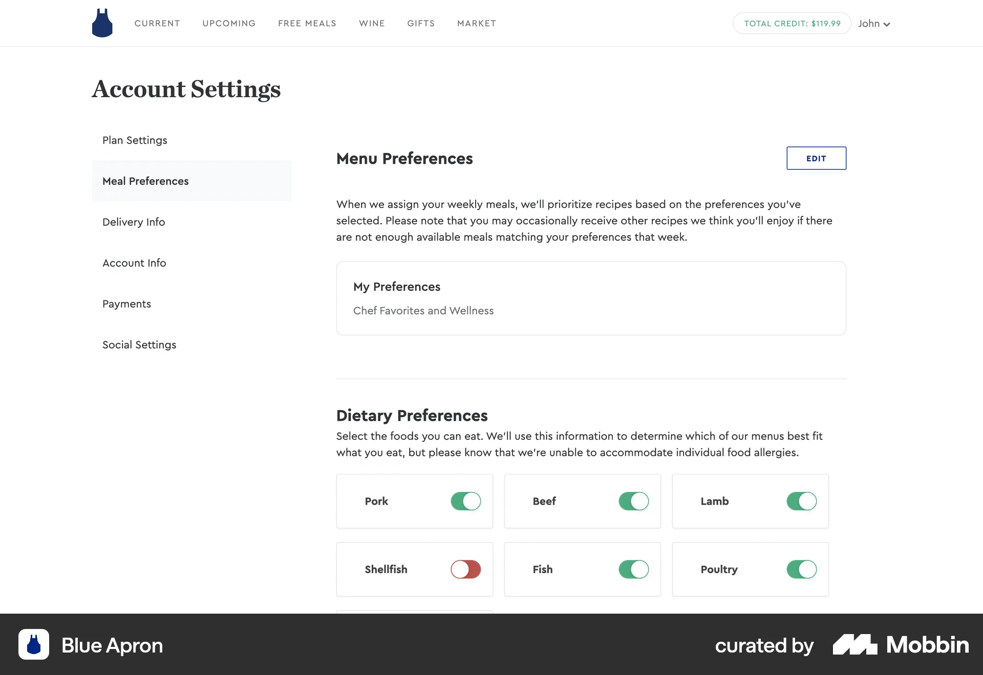 Blue Apron Web Settings & Preferences screen