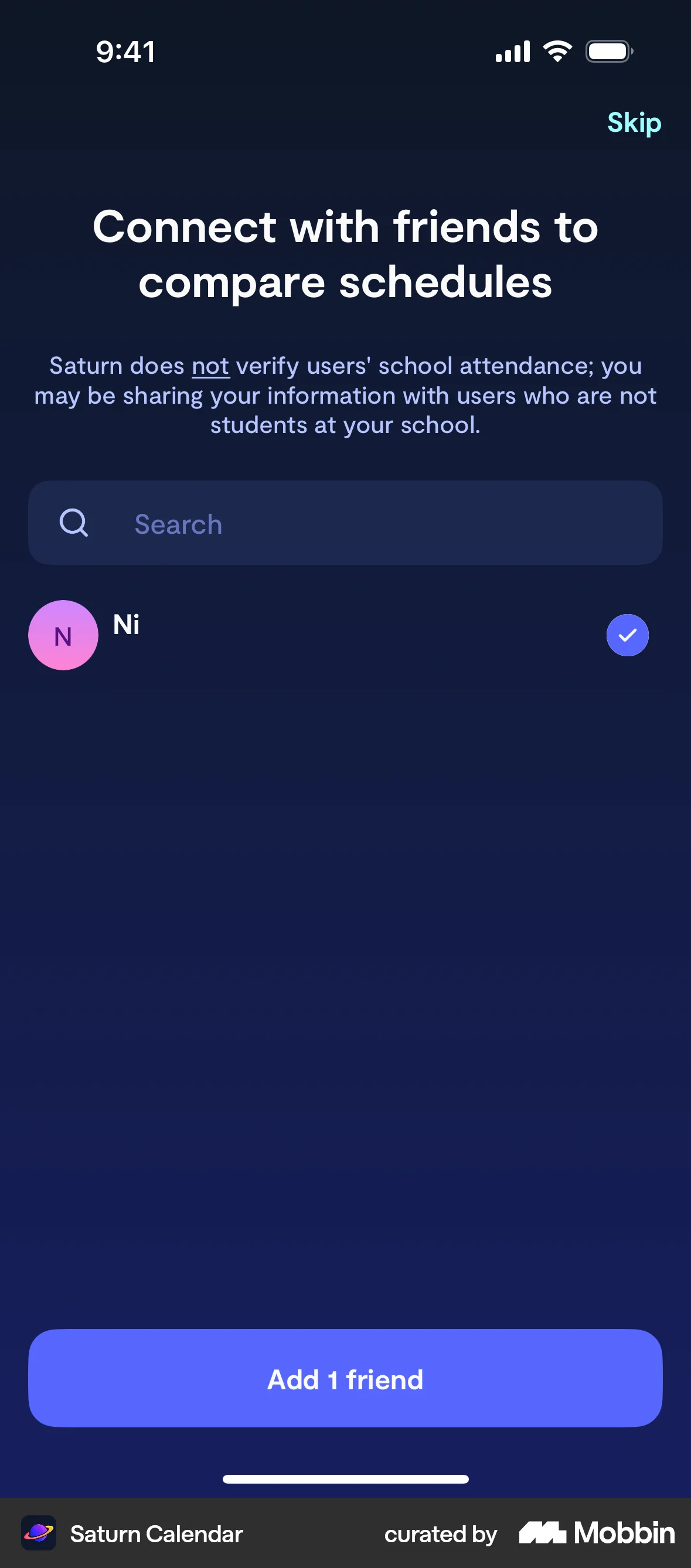 Saturn Calendar iOS screen containing Checkbox UI element