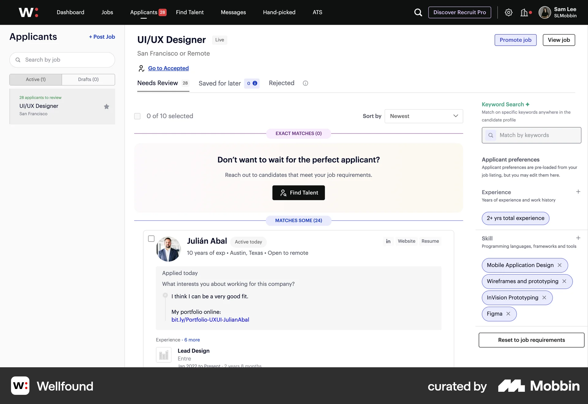 Wellfound Web screen containing Segmented Control UI element