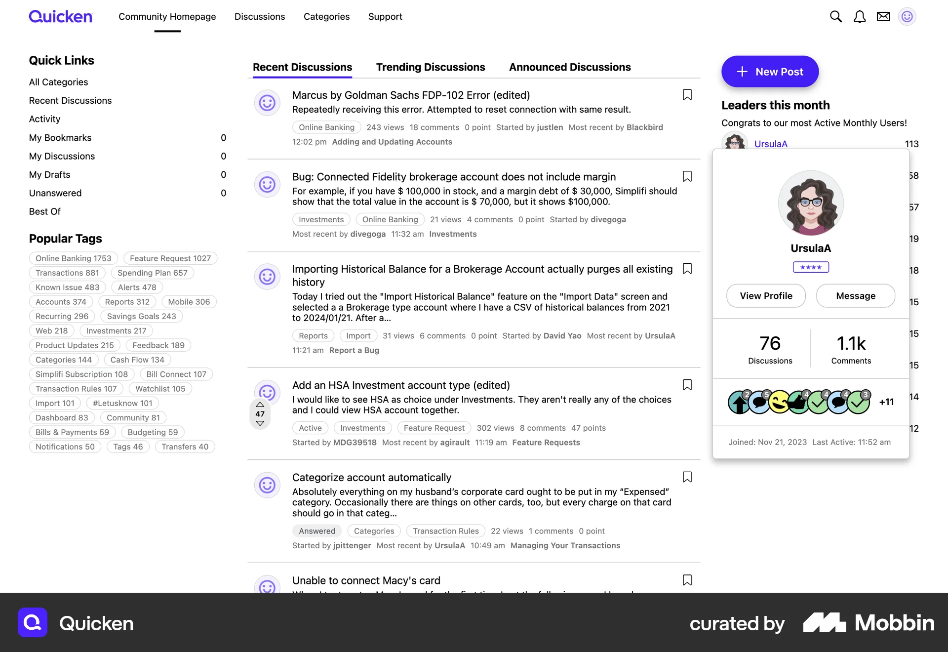 Quicken Web User / Group Profile screen