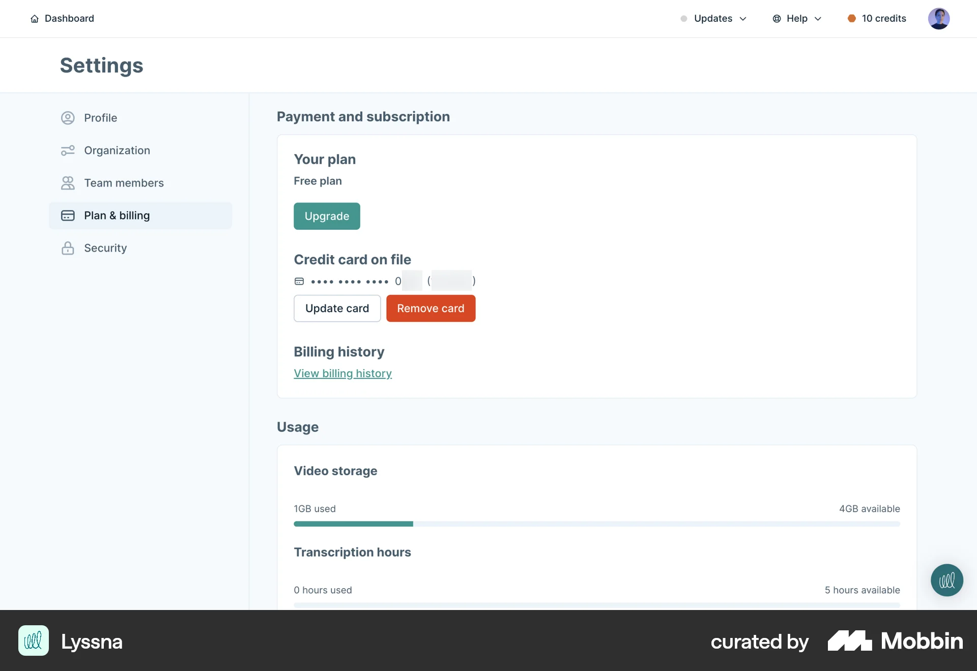 Lyssna Web Billing screen