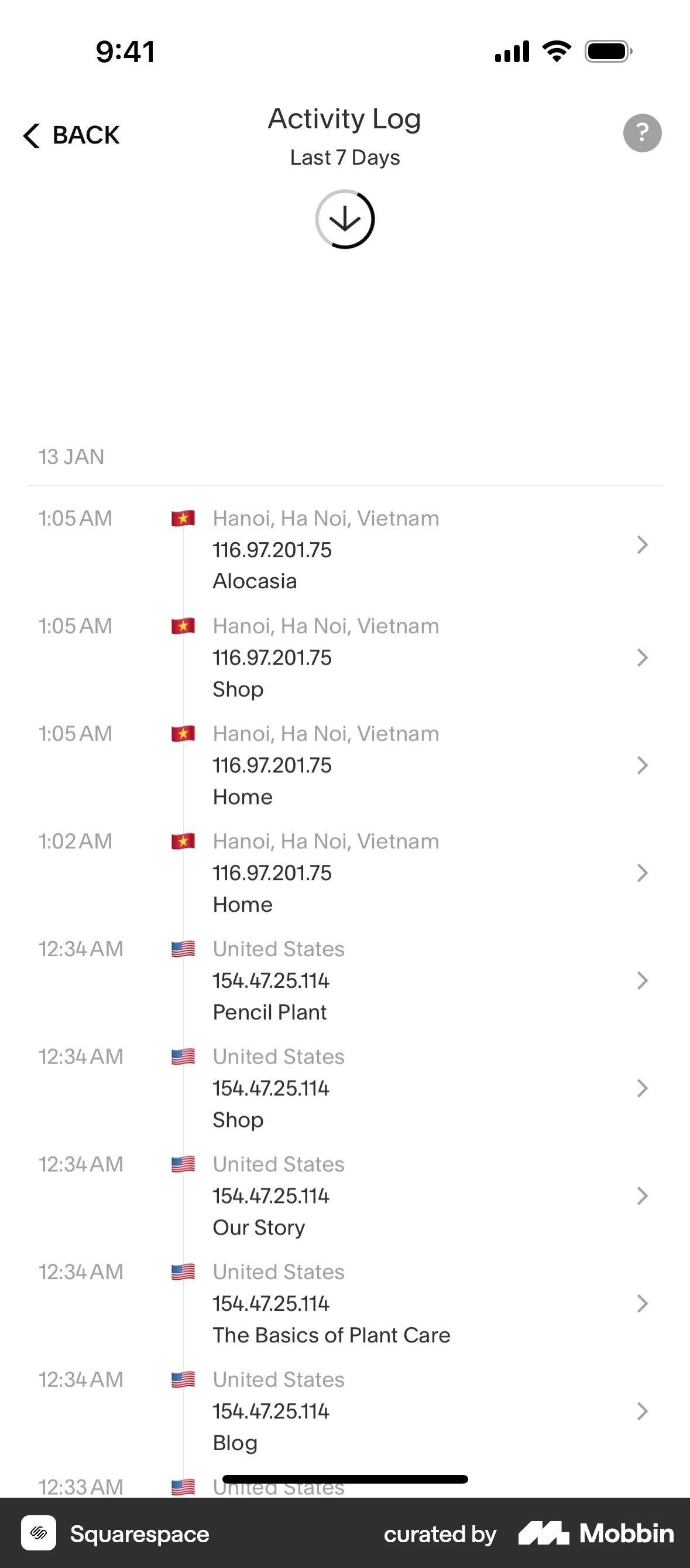 Squarespace iOS Pull to Refresh screen