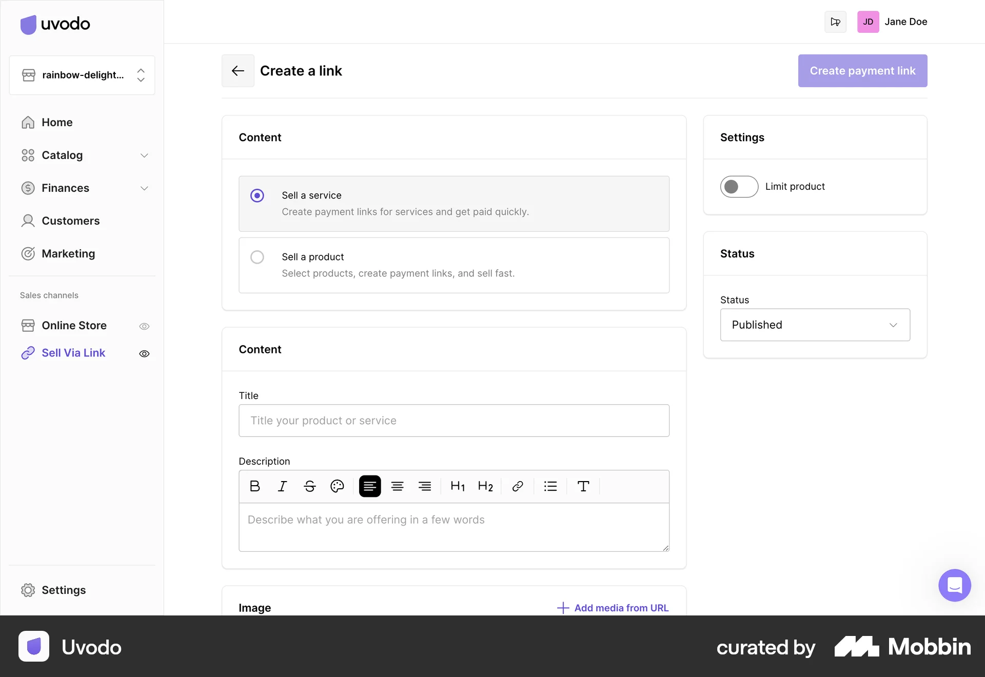Uvodo Web screen containing Radio Button UI element