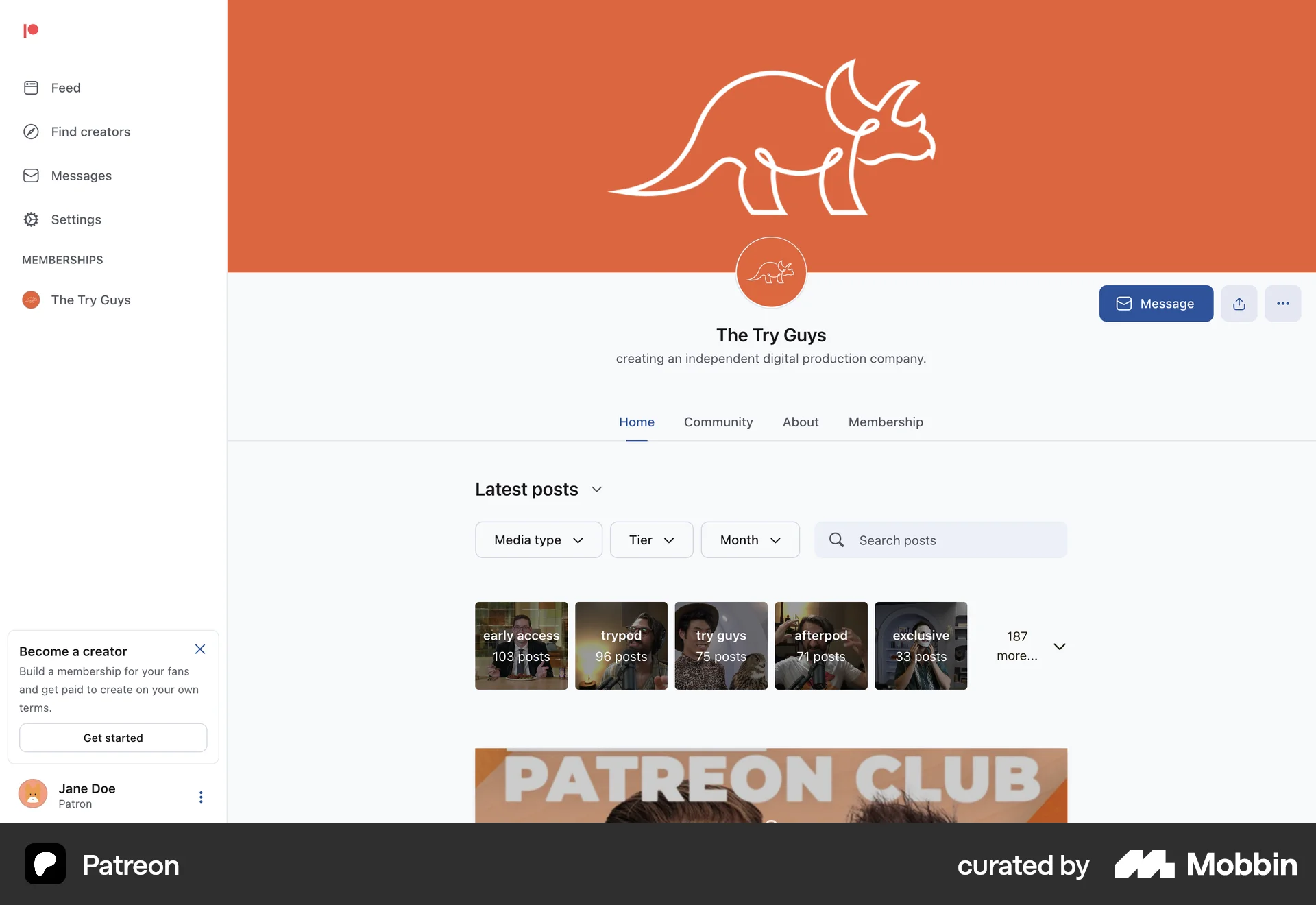 Patreon Web Social Feed screen