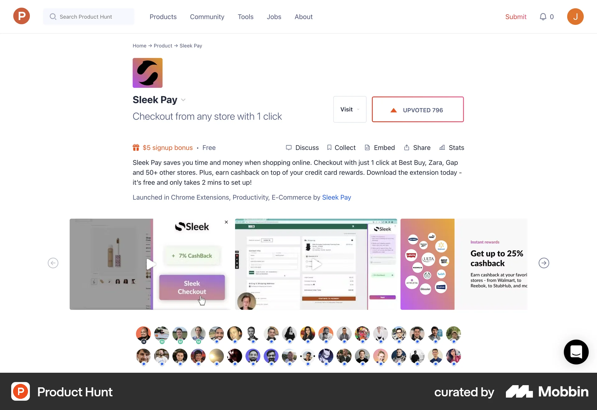Product Hunt Web Like & Upvote screen