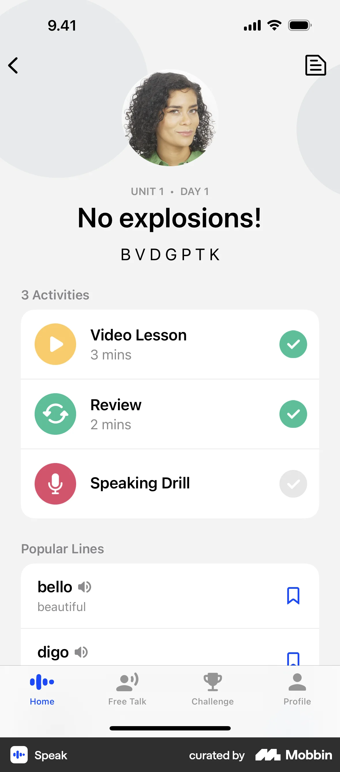 Speak iOS Class & Lesson Detail screen