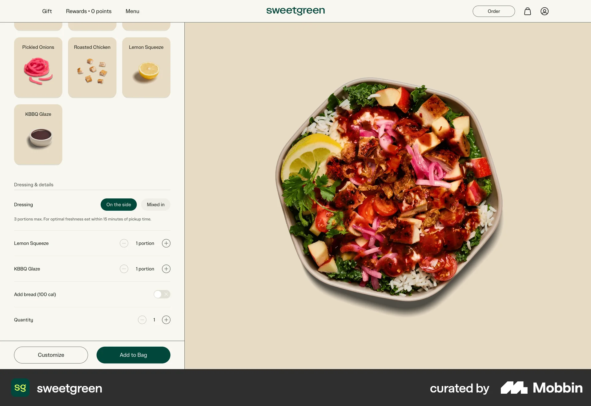 sweetgreen Web screen containing Stepper UI element