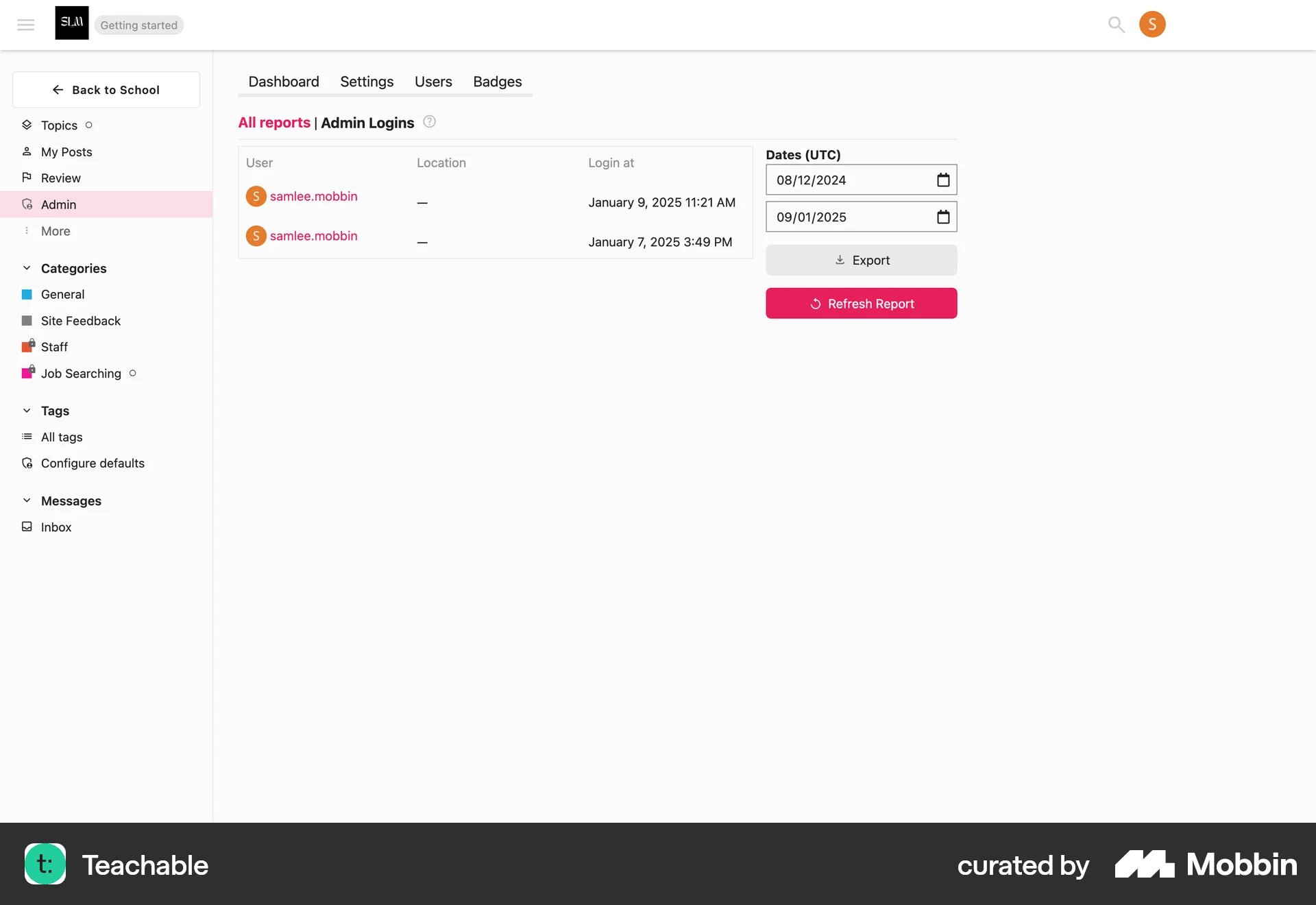 Teachable Web Admin Dashboard screen