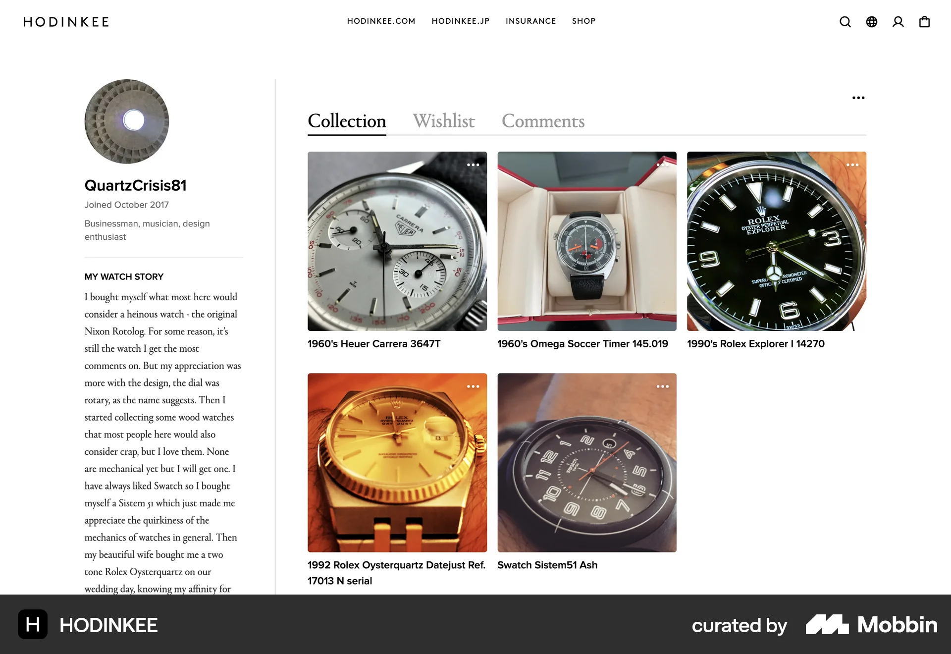 HODINKEE Web User / Group Profile screen