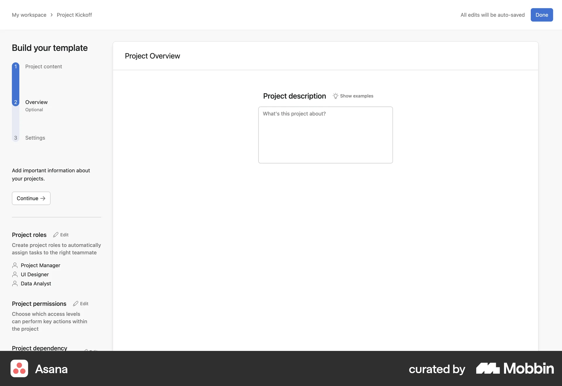 Asana Web Wizard UI screen