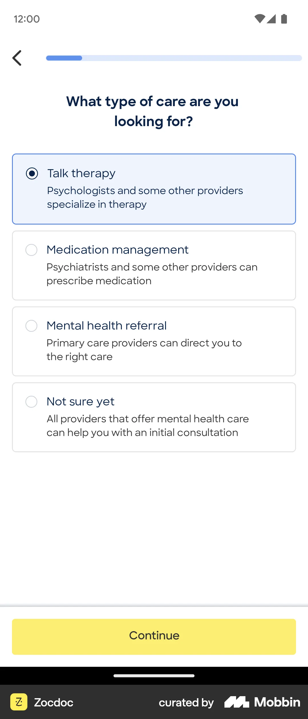 Zocdoc Android screen containing Radio Button UI element