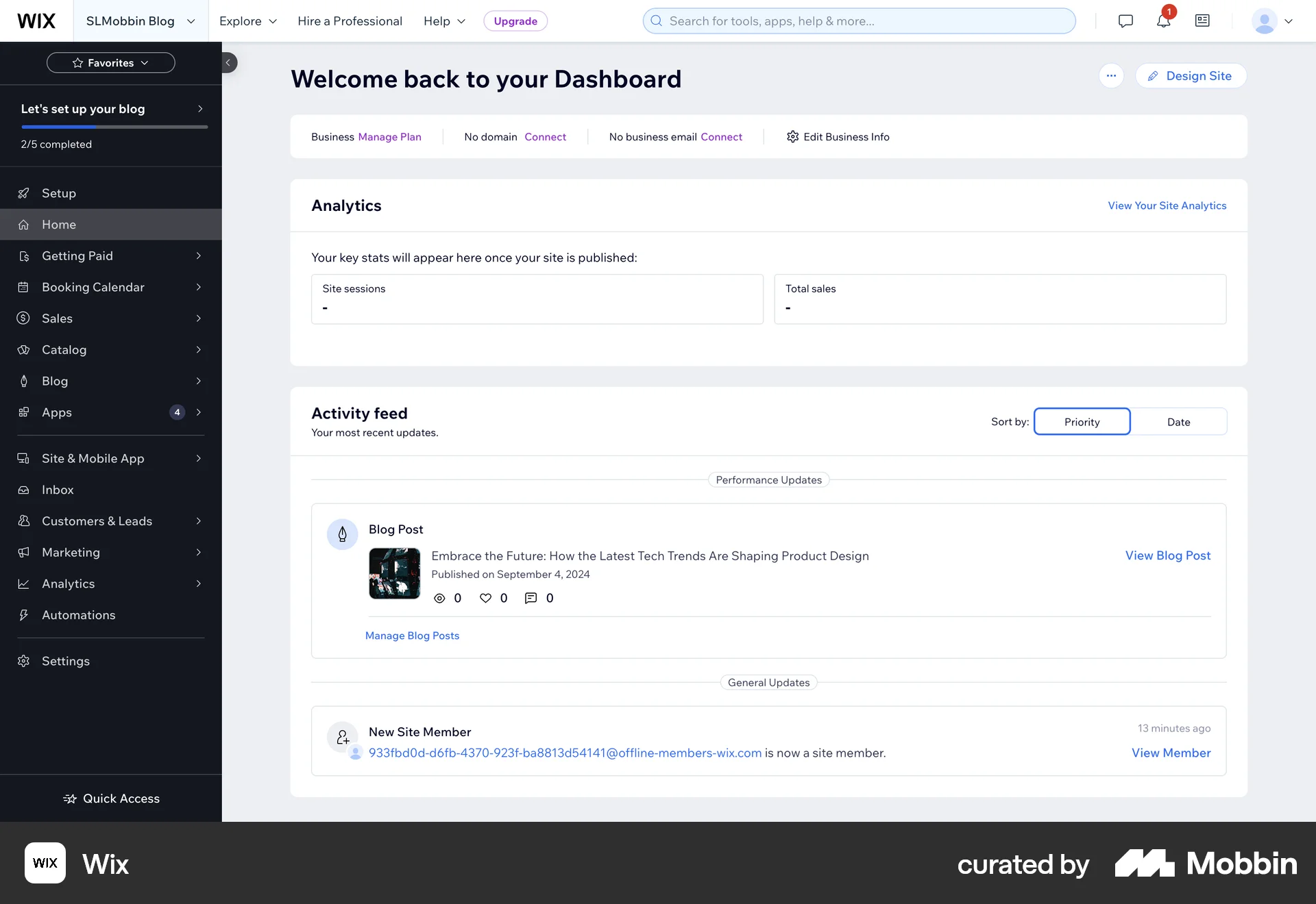 Wix Web Admin Dashboard screen