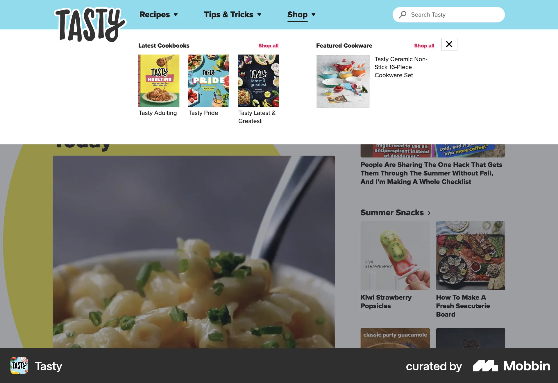 Tasty Web screen containing Navigation Menu UI element