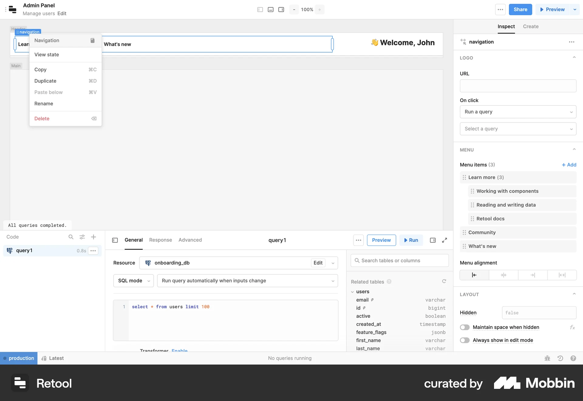 Retool Web screen containing Context Menu UI element