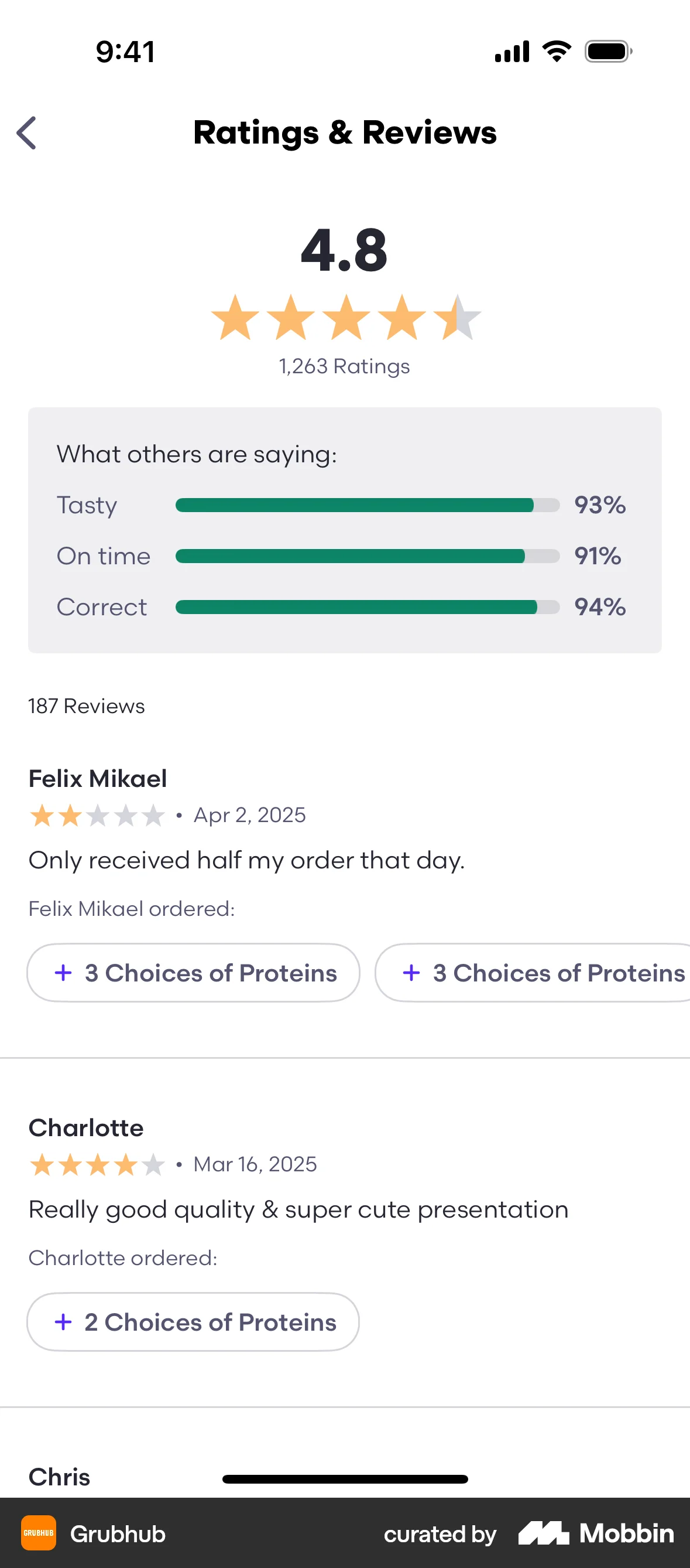 Grubhub iOS Reviews & Ratings screen