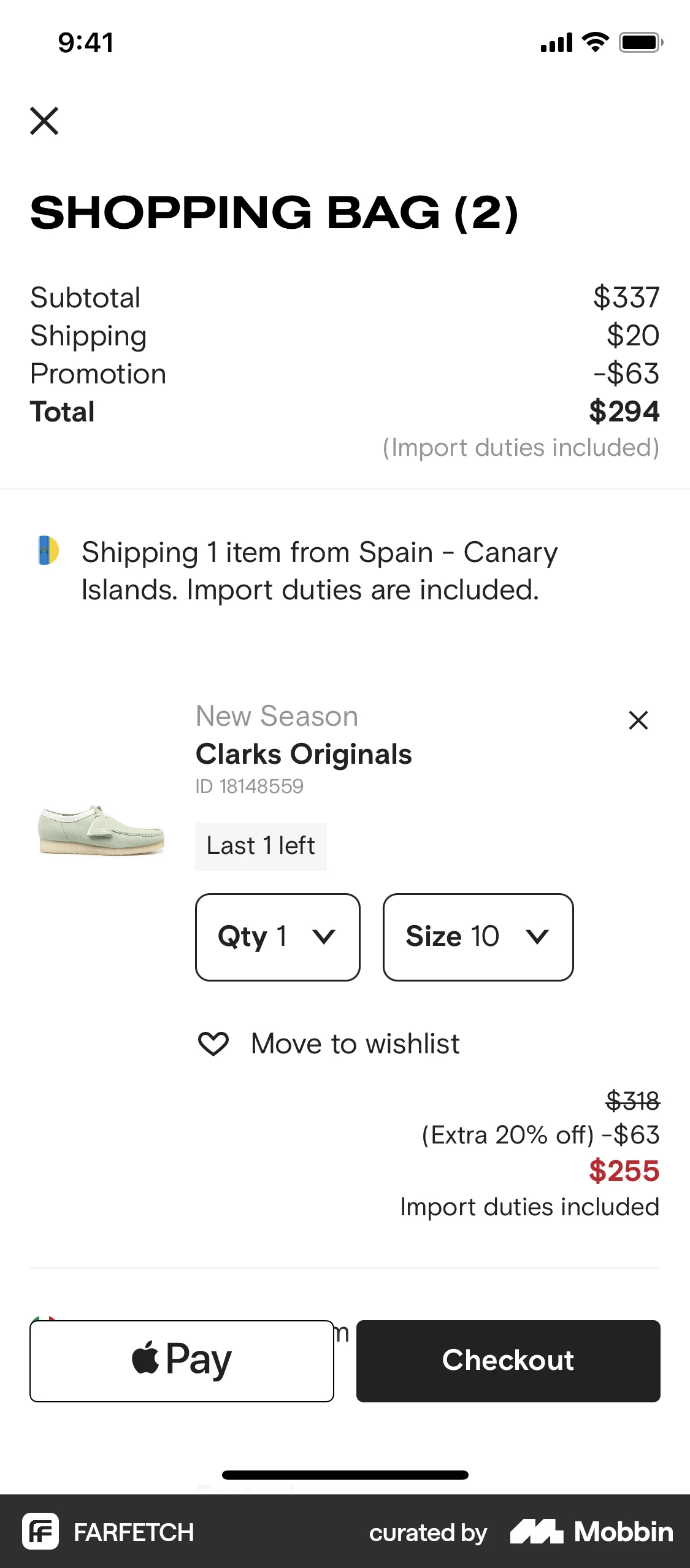 FARFETCH iOS Mobile Shopping Cart screen