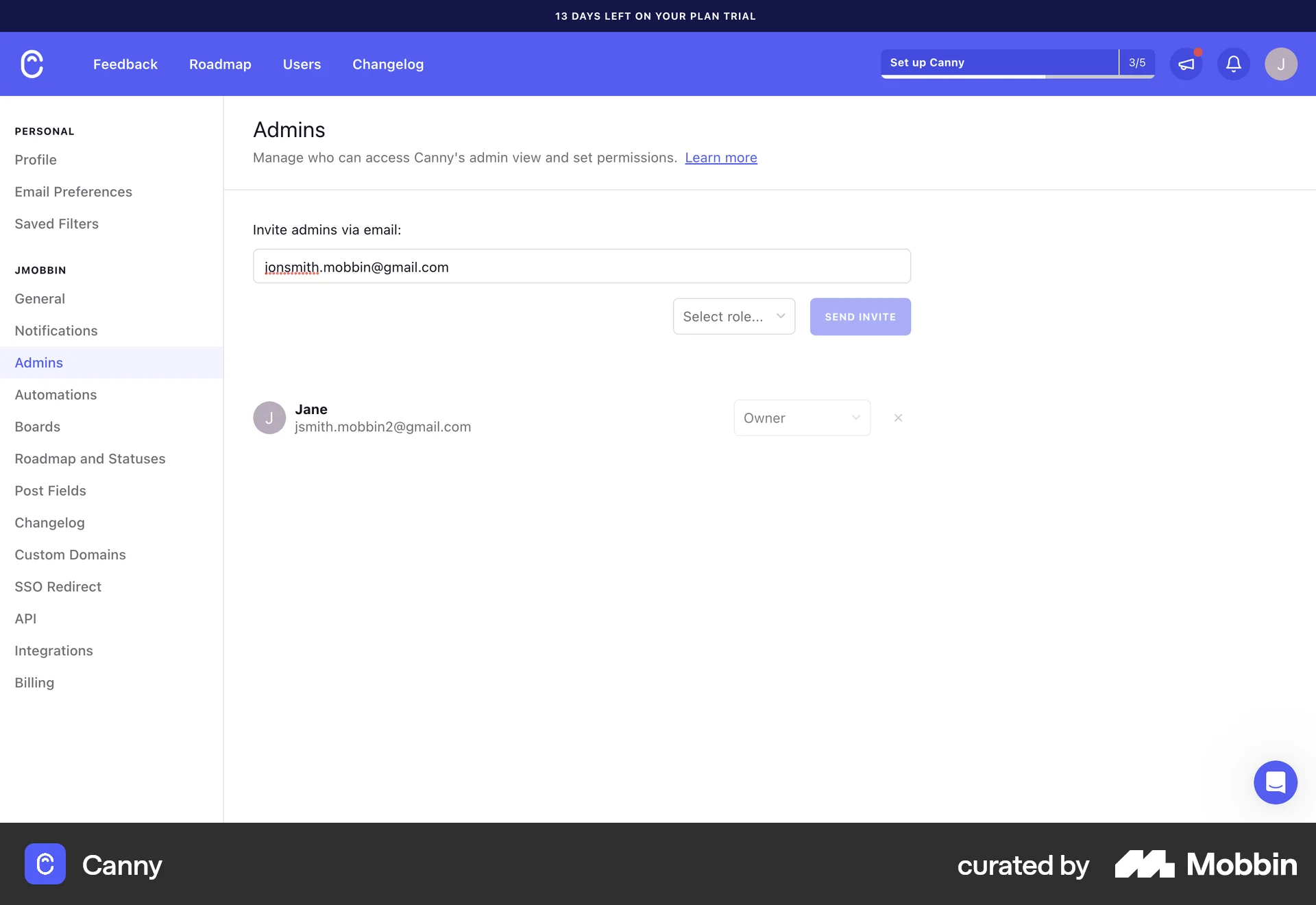 Canny Web Admin UI screen