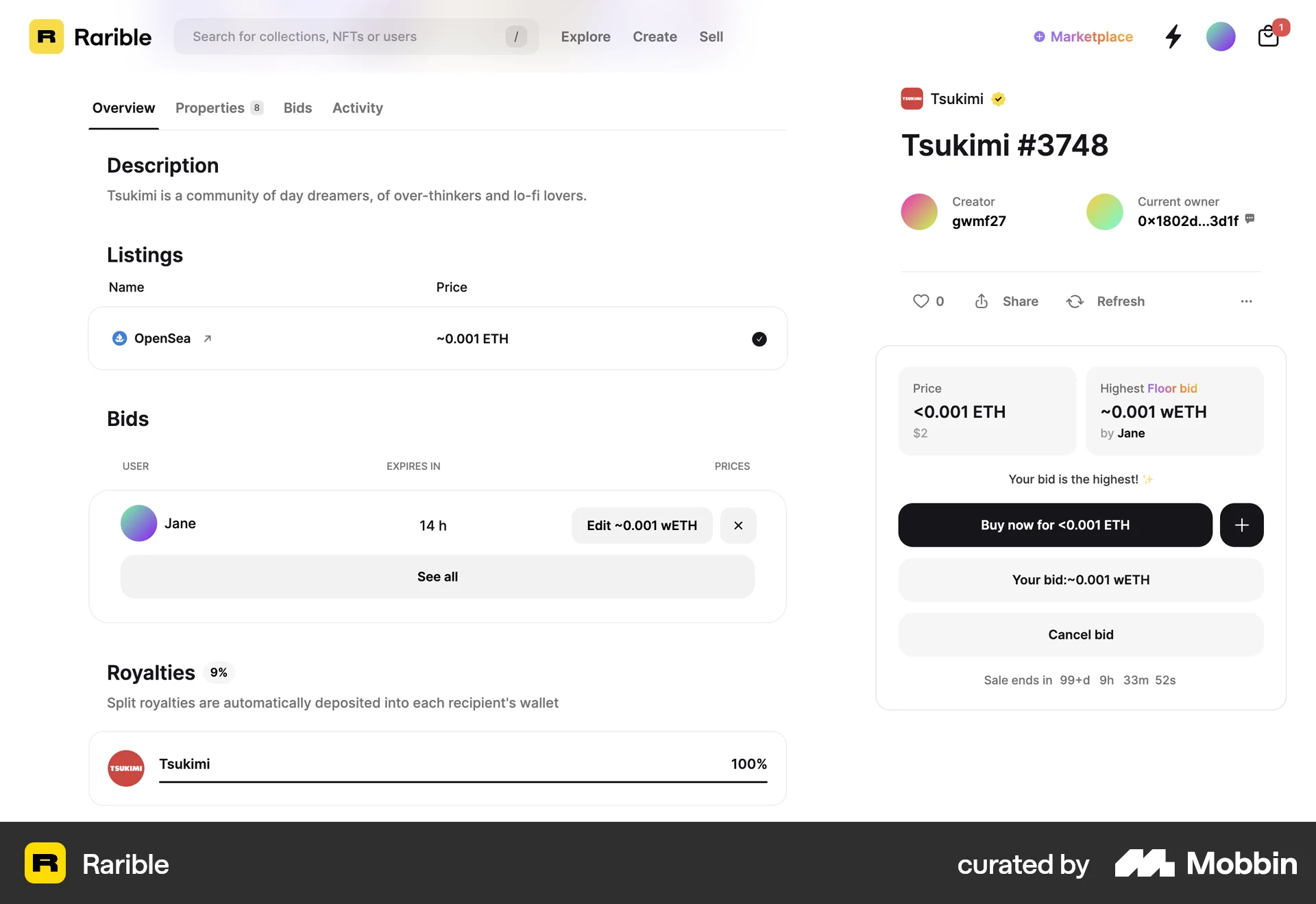 Rarible Web Product Detail screen