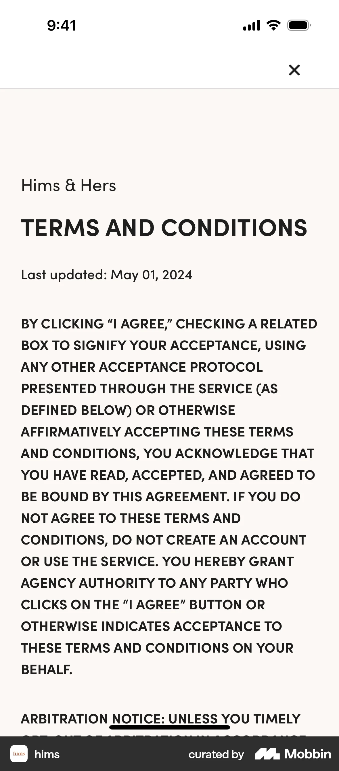 Hims iOS Terms & Conditions screen