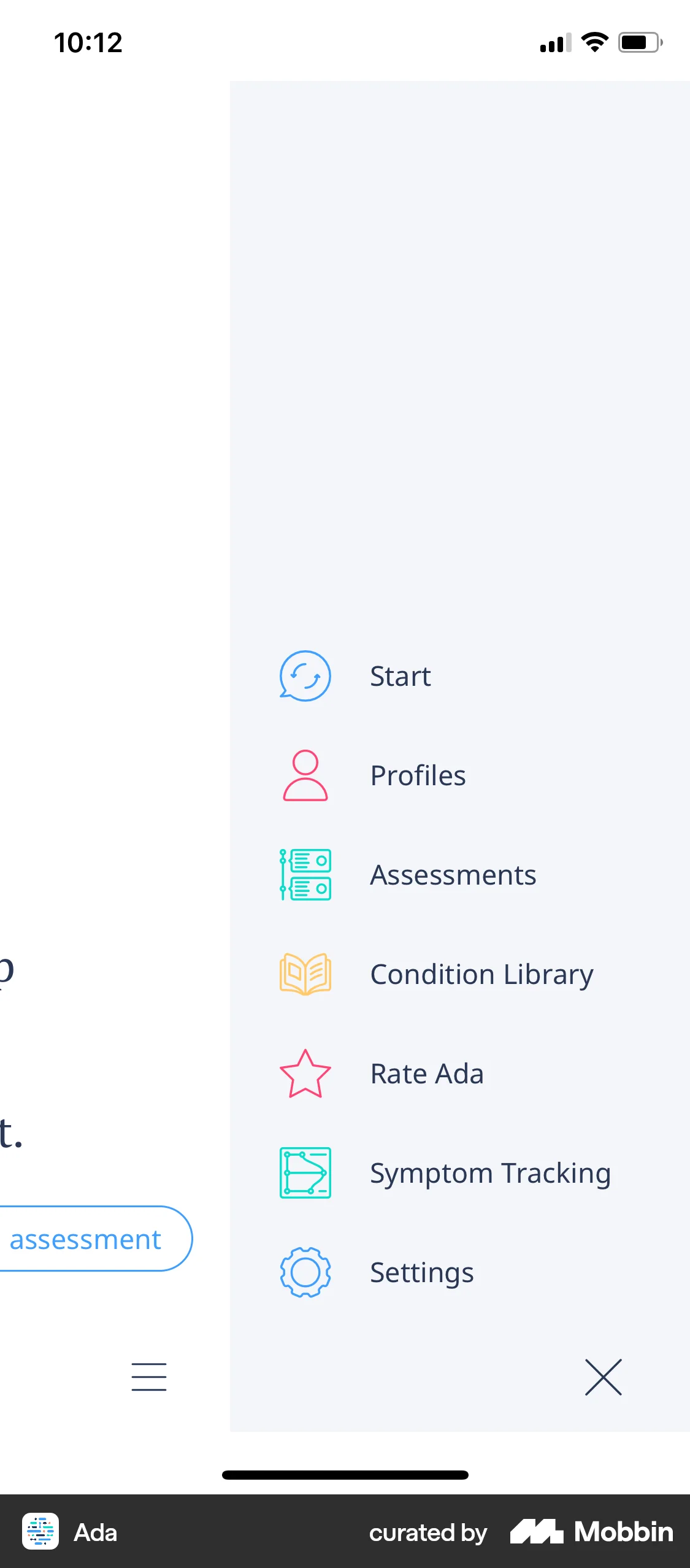 Ada iOS screen containing Drawer UI element