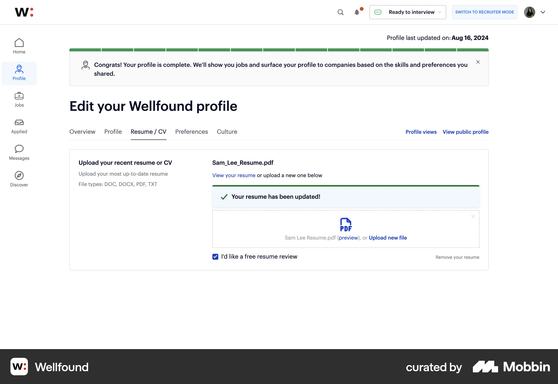 Wellfound Web screen containing File Upload UI element