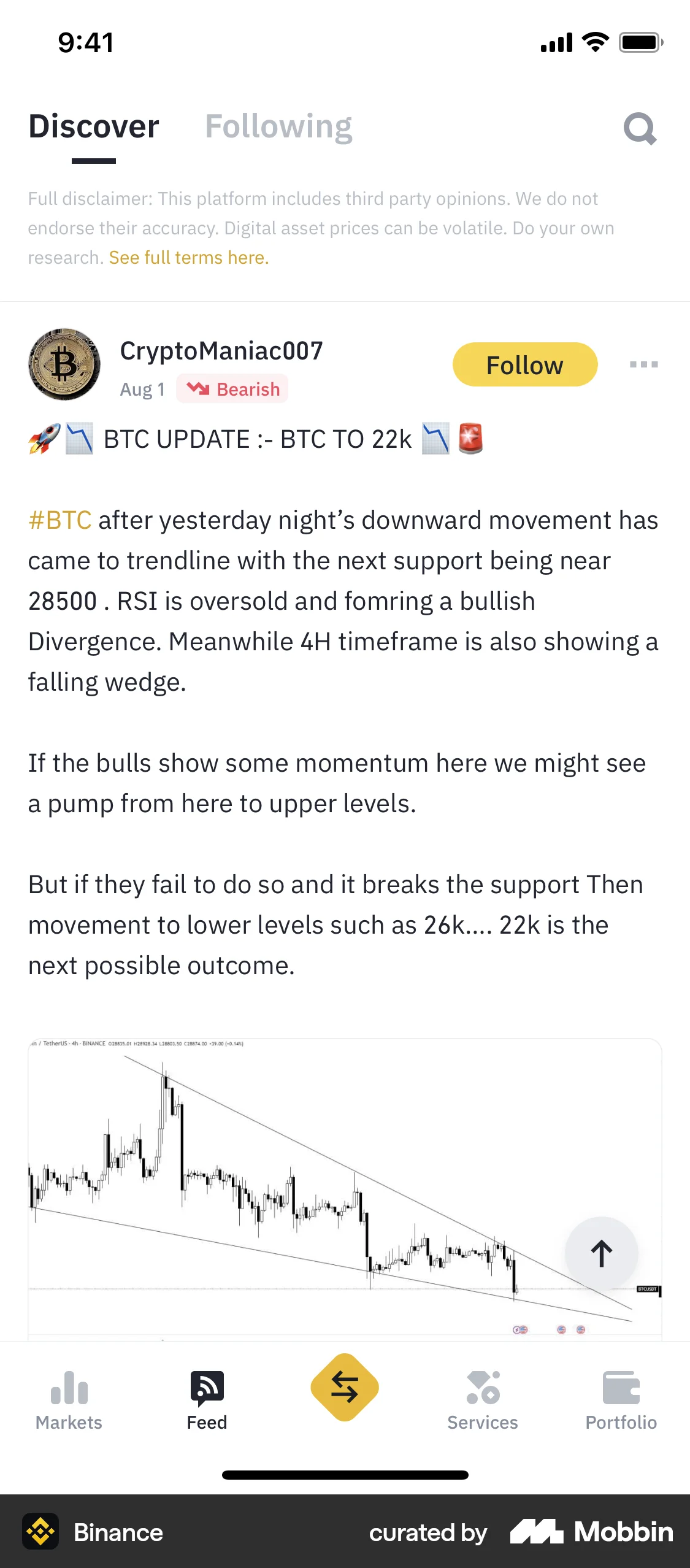Binance iOS Social Feed screen