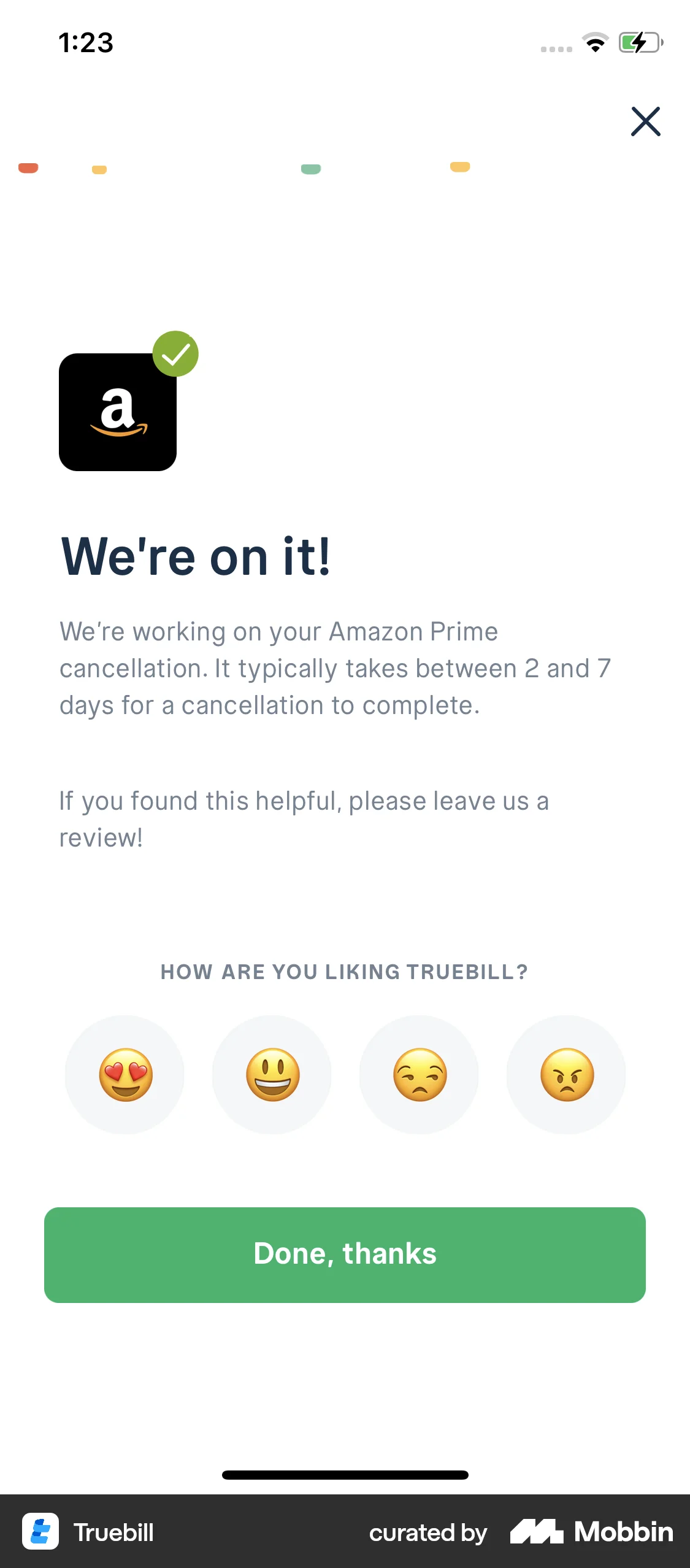 Truebill iOS Confetti screen