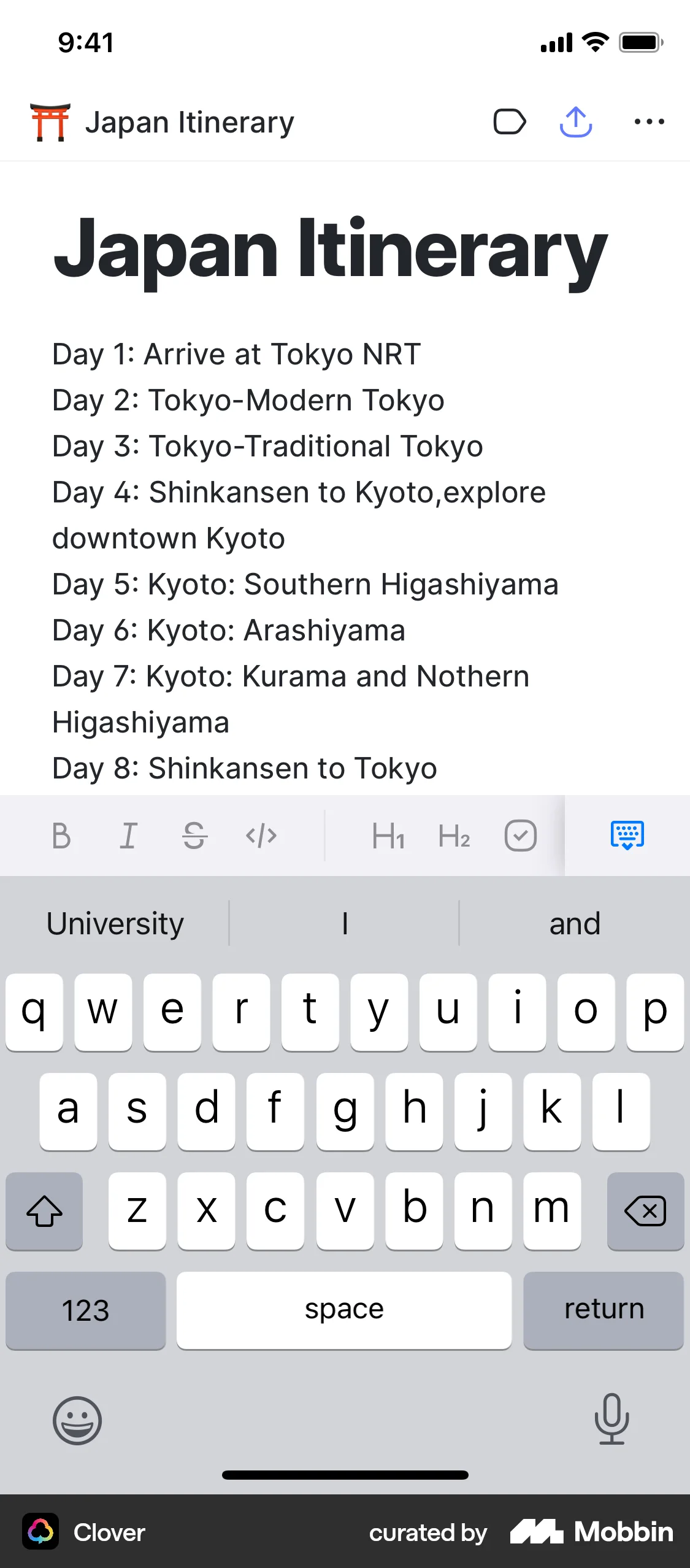 Clover iOS Note Detail screen