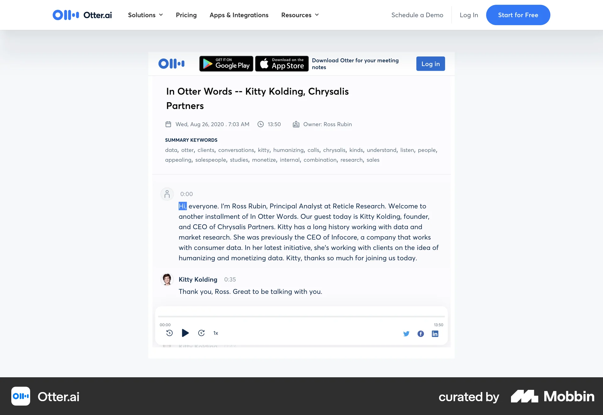 Otter.ai Web Song & Podcast Detail screen