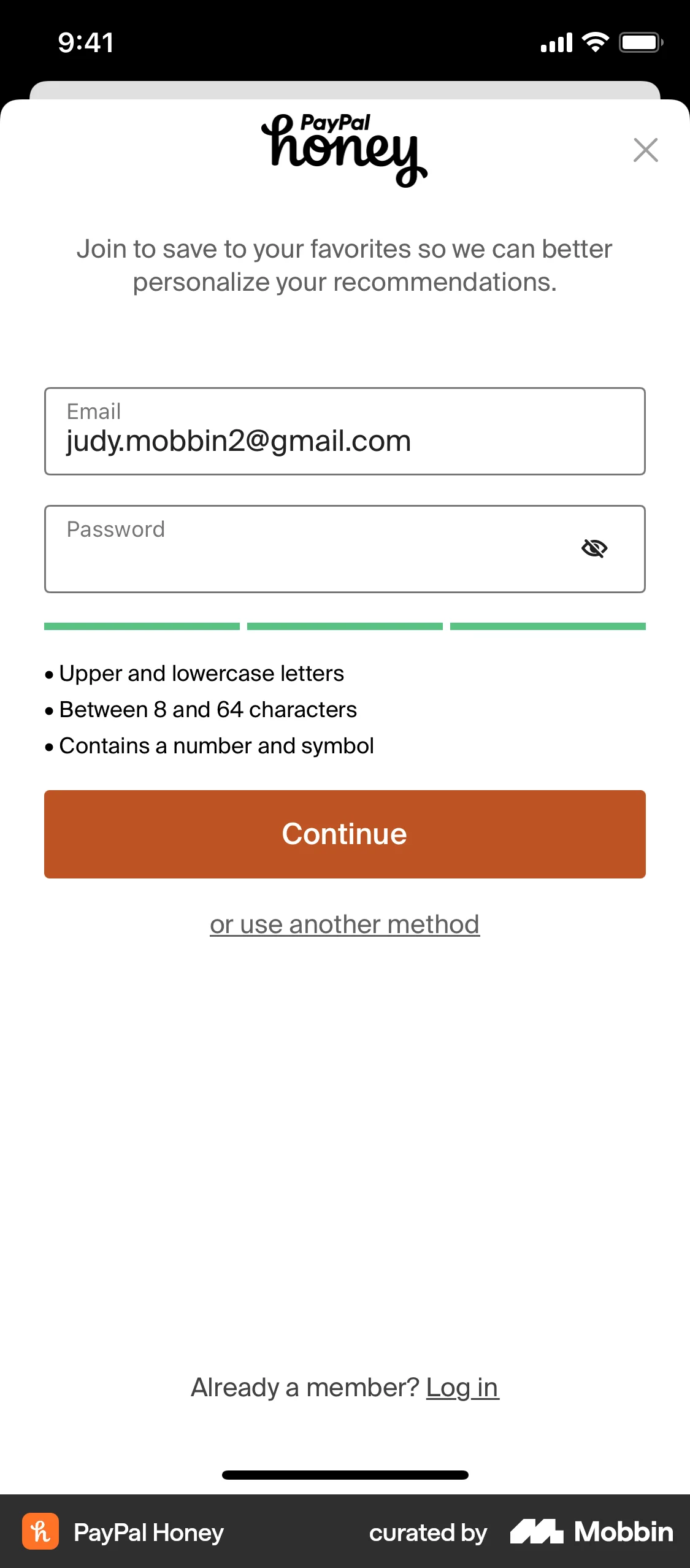 PayPal Honey iOS Signup screen