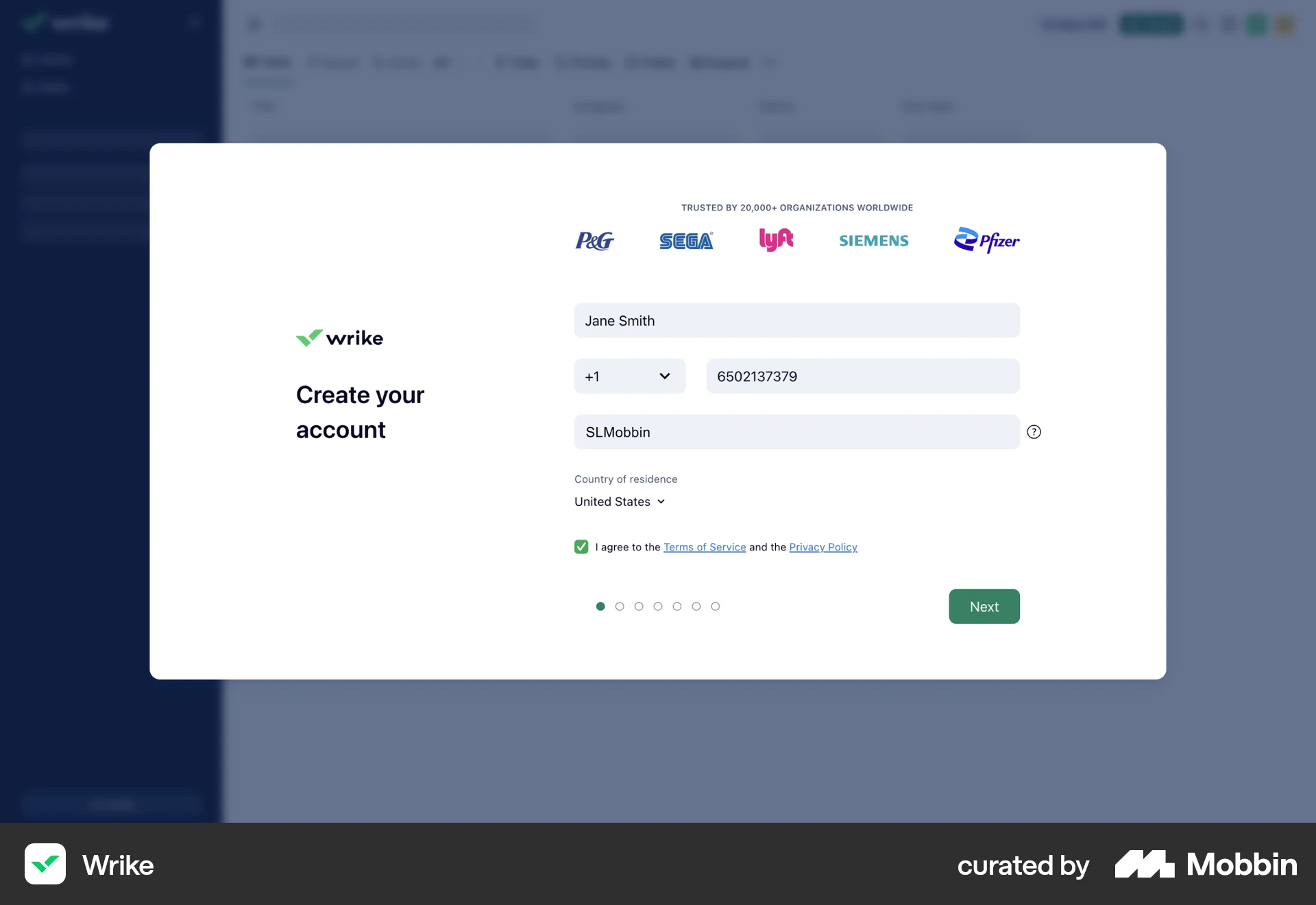 Wrike Web Signup screen