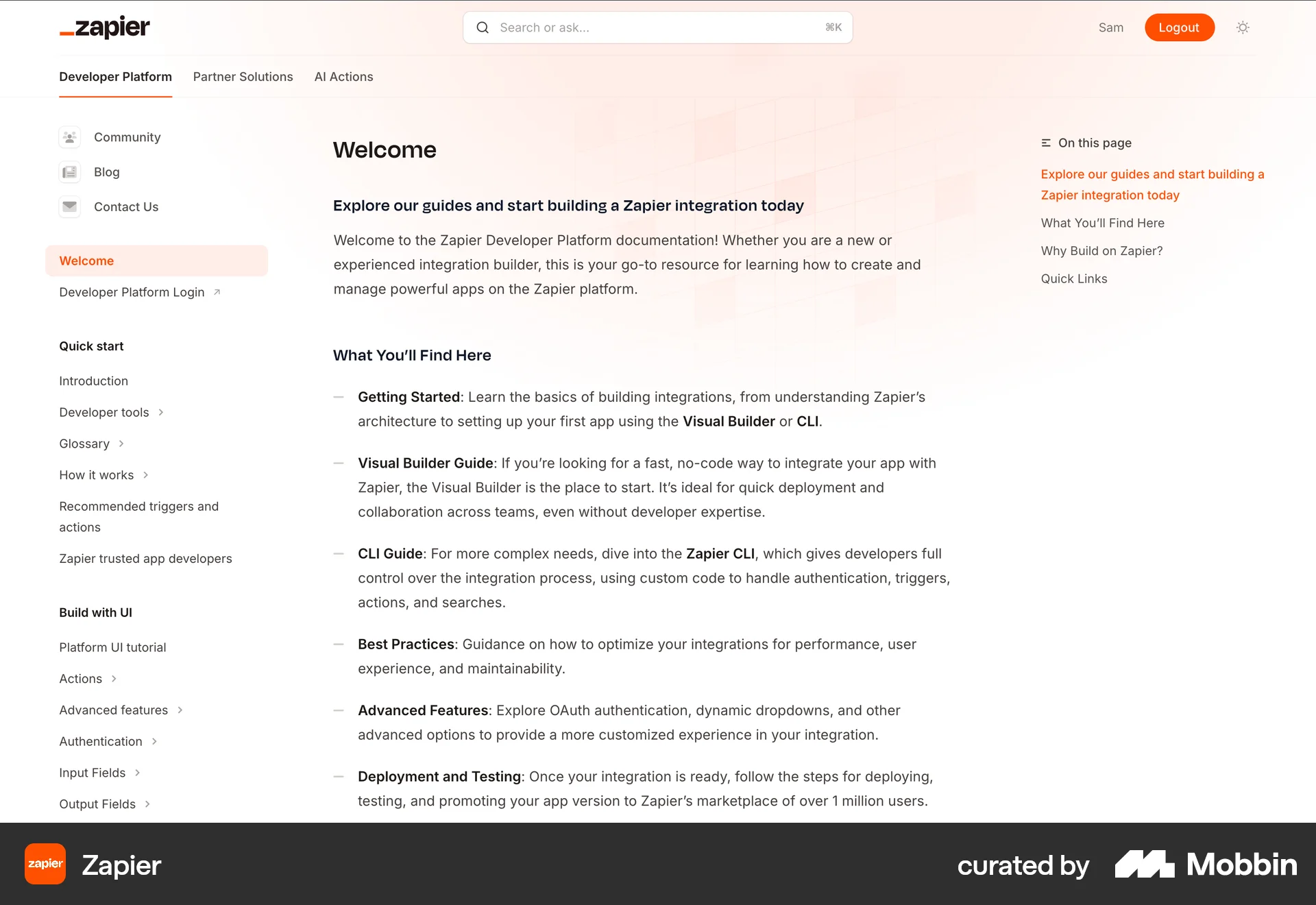 Zapier Web screen containing Table of Contents UI element