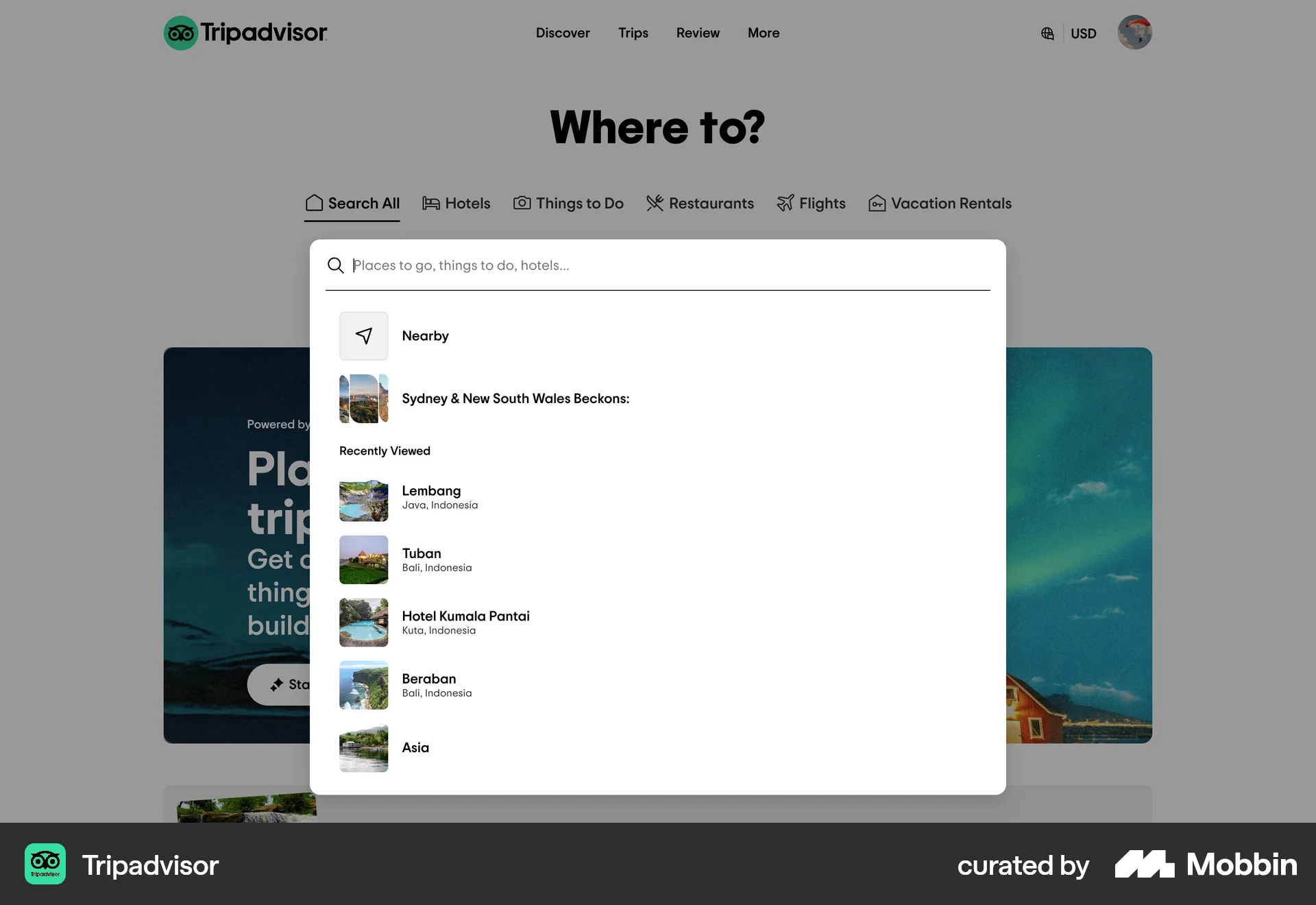 Tripadvisor Web screen containing Search Bar UI element