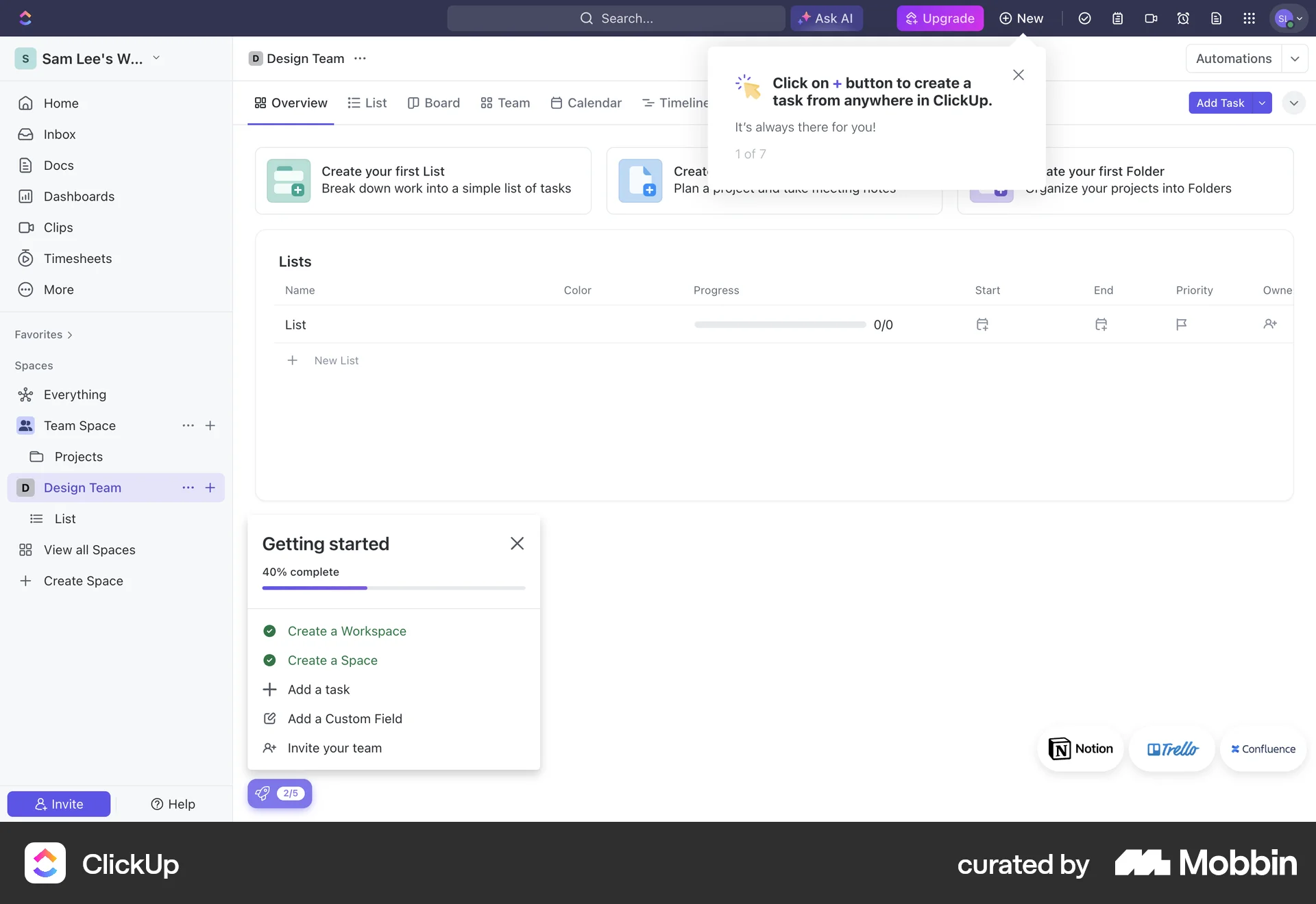 ClickUp Web screen containing Coach Marks UI element