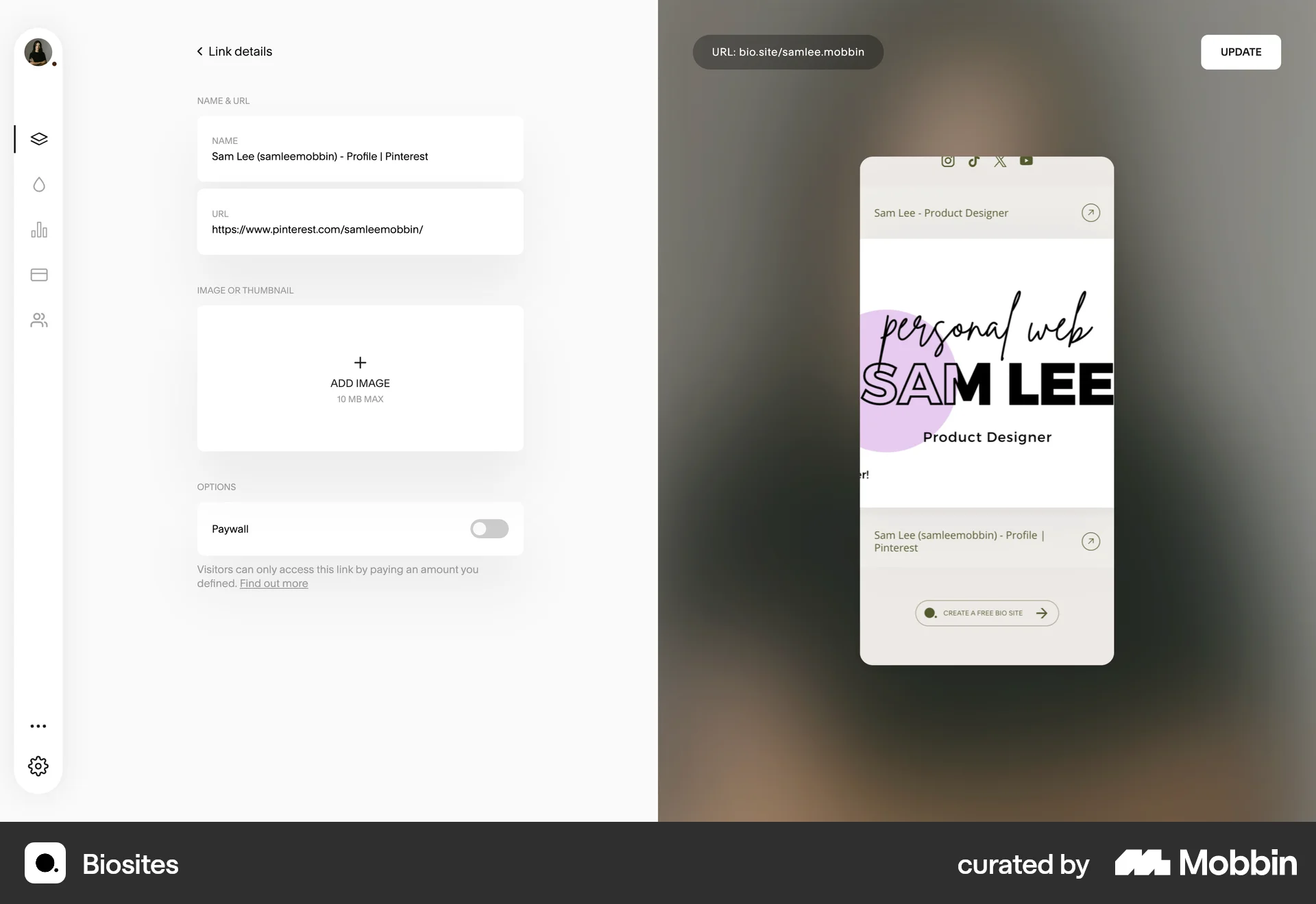 Biosites Web screen containing File Upload UI element
