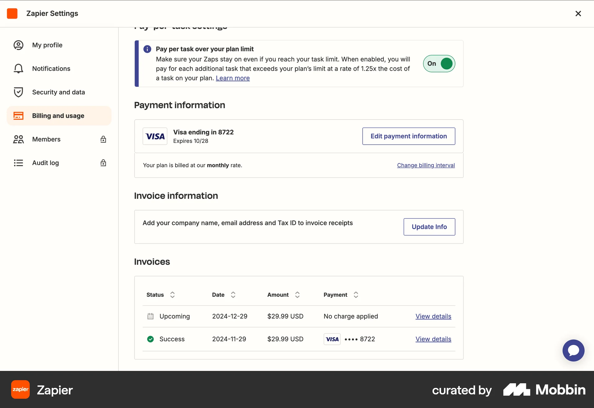 Zapier Web Order History screen