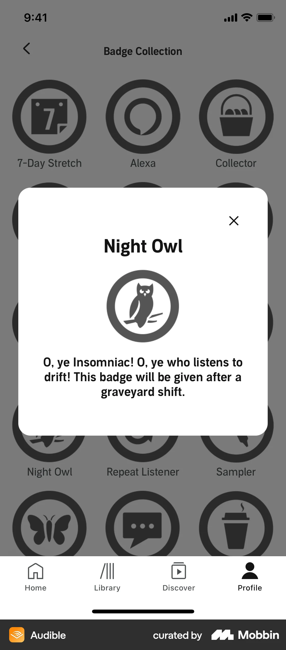 Audible iOS Achievements & Awards screen