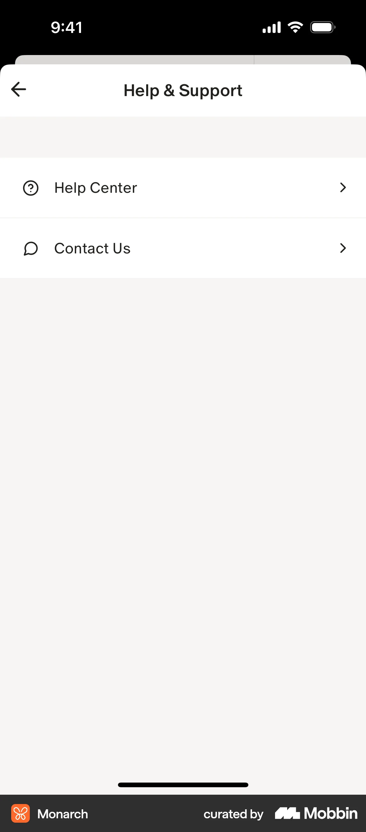 Monarch iOS Help & Support screen