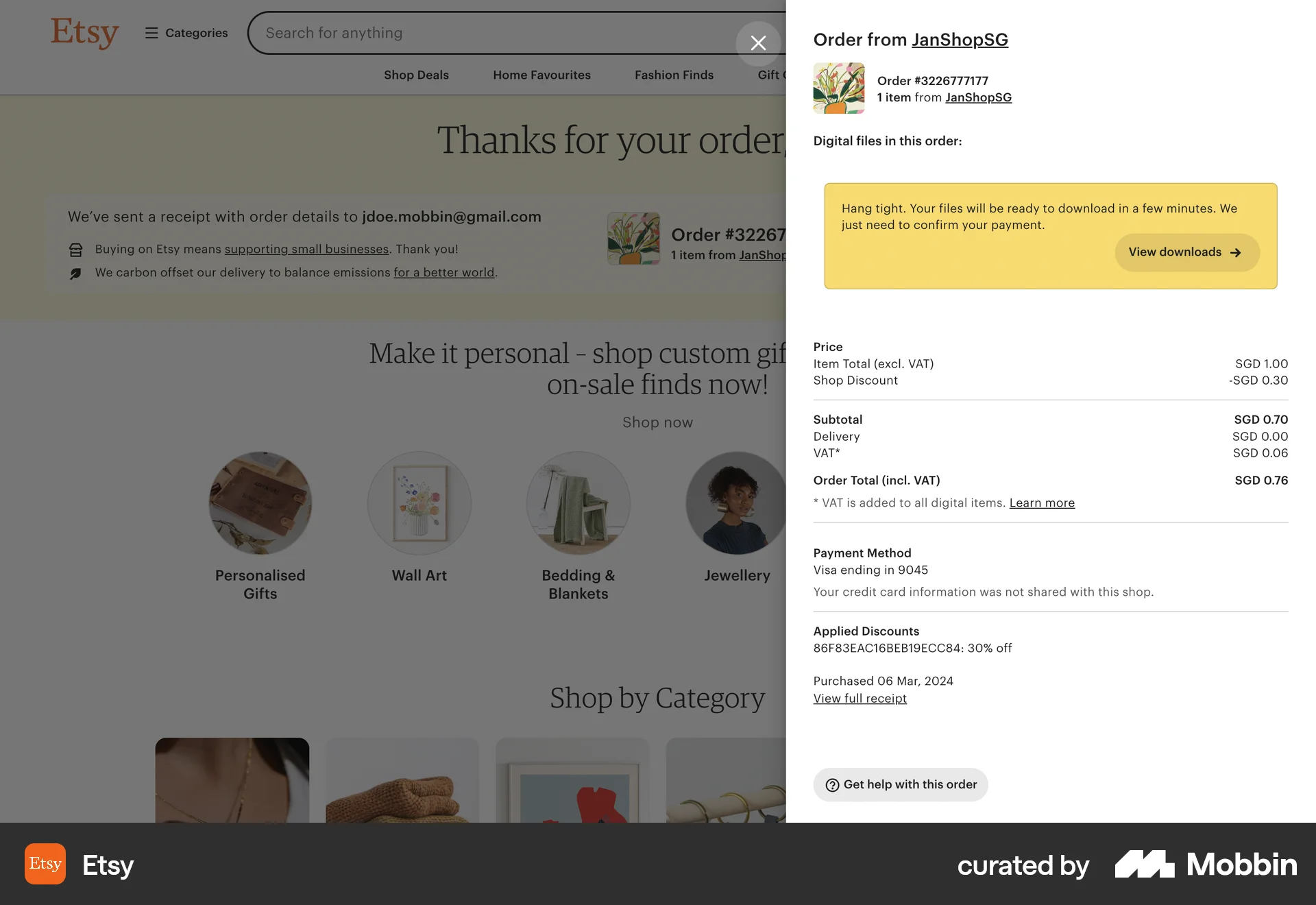 Etsy Web Order Confirmation screen